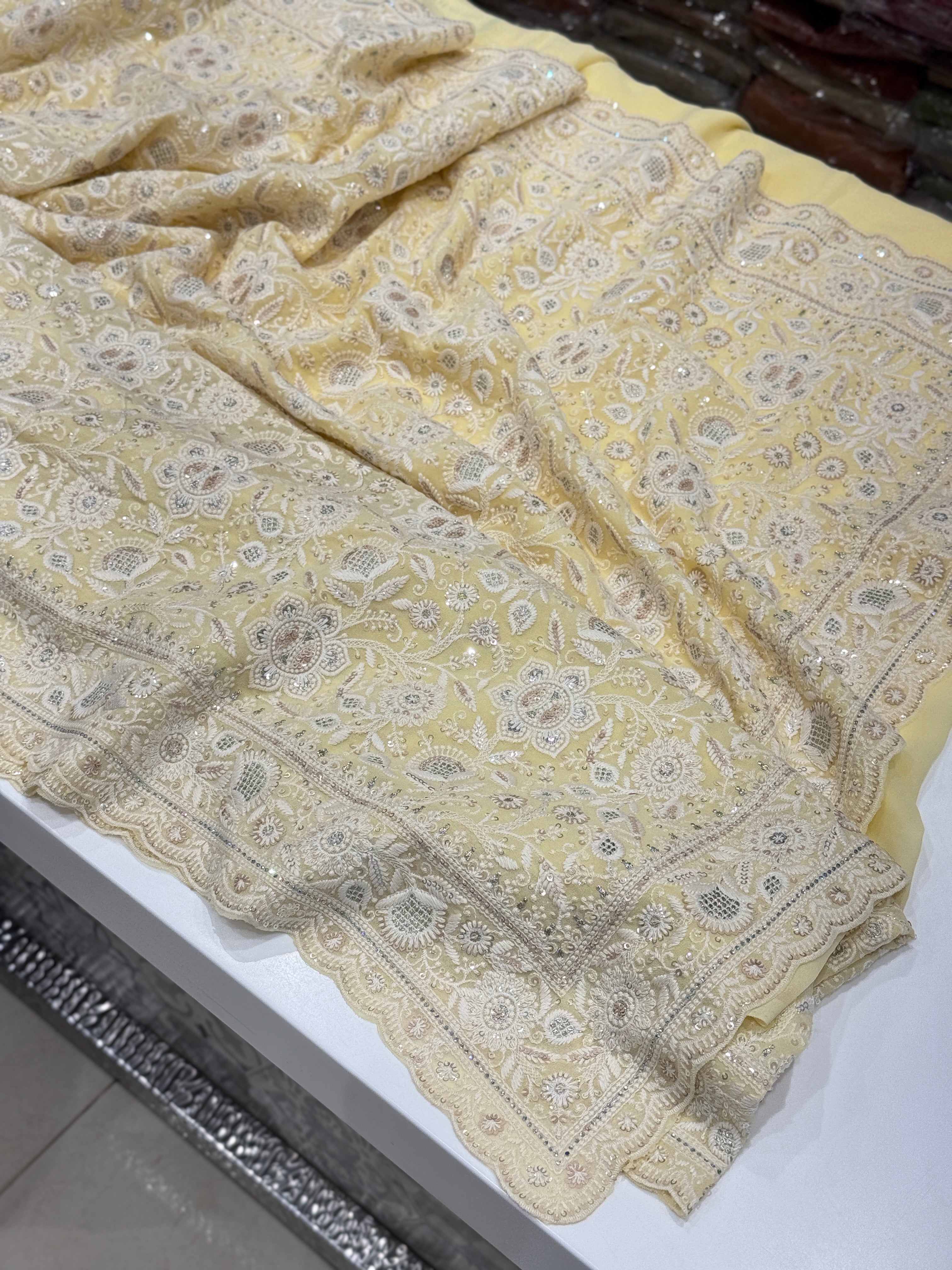 Yellow Chikankari Small Scallop Design Saree