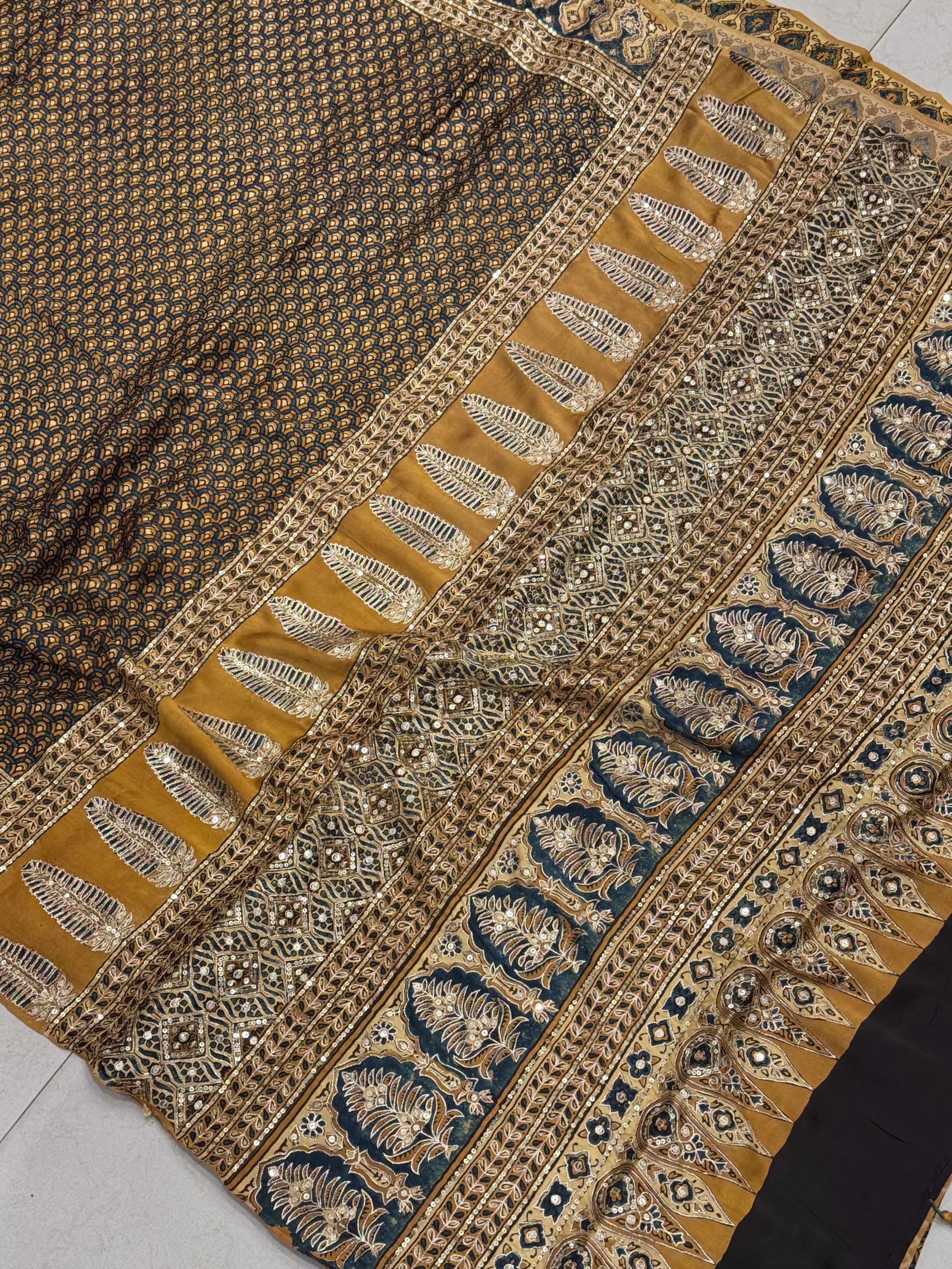 Mustard Yellow Buttis Pita Sequin Ajrakh Hand Embroidery Saree