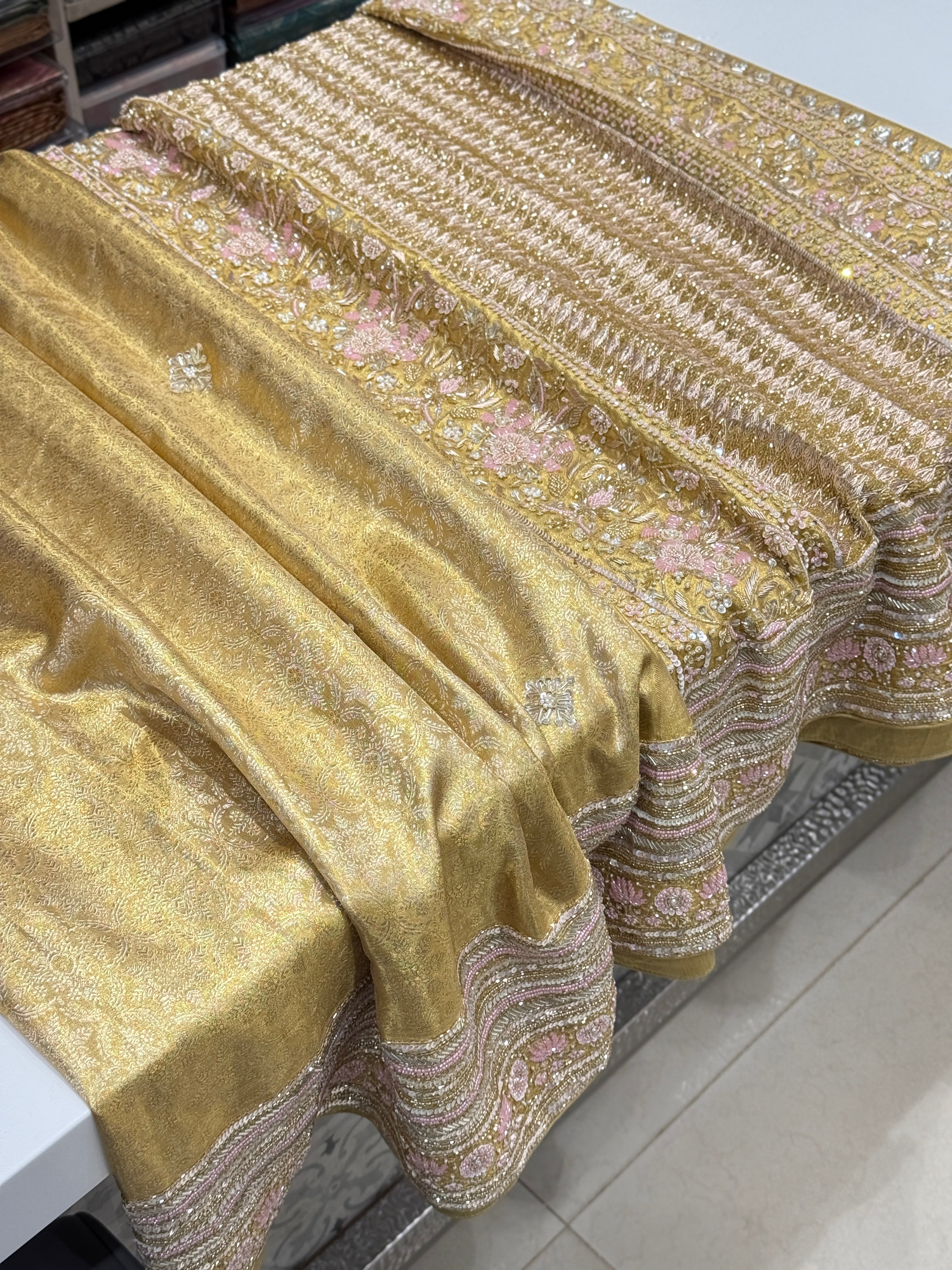 Gold Tissue Jaal Kanjivaram Hand Embroidery Saree