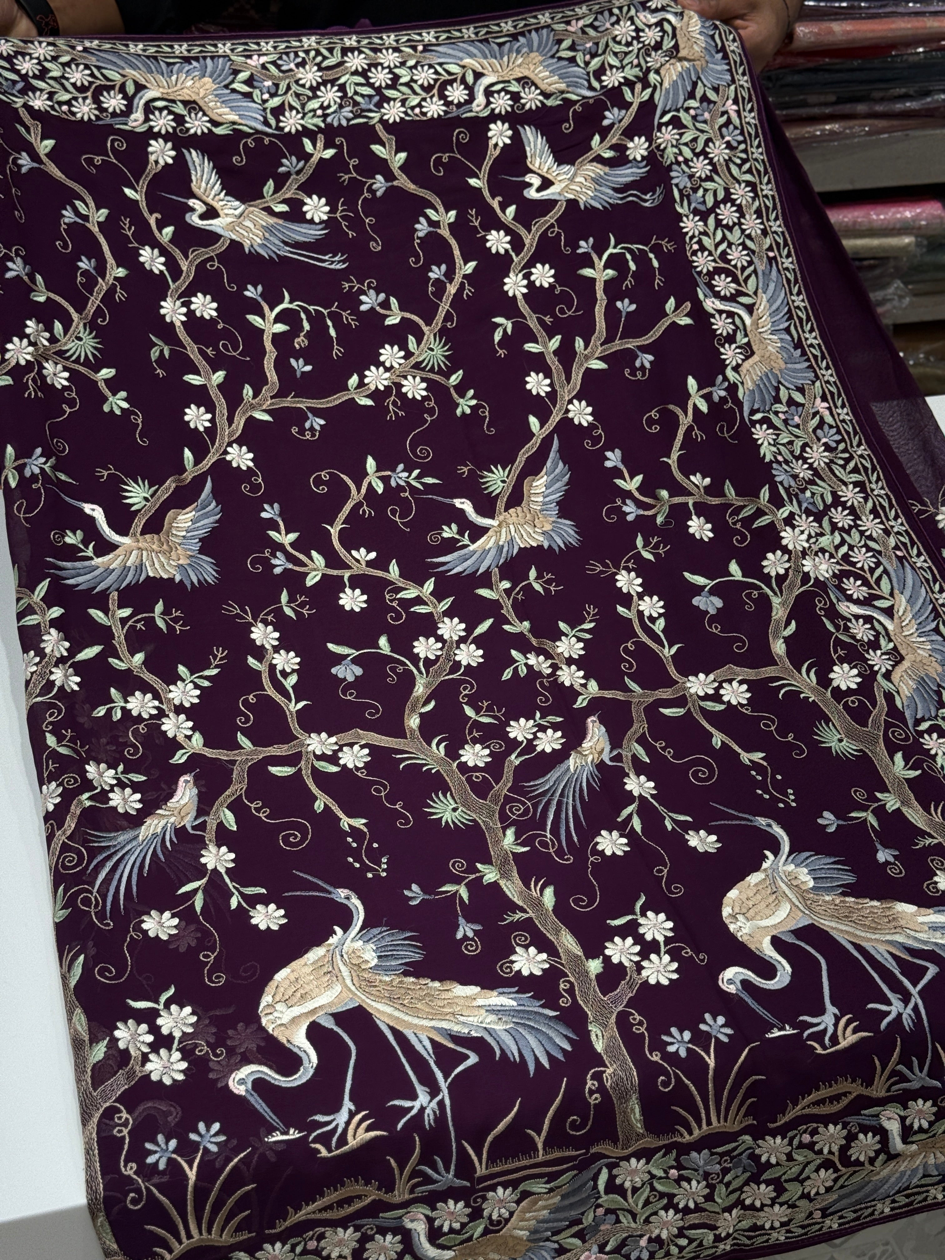 Wine Tree Of Life Flamingo Parsi Gara Saree