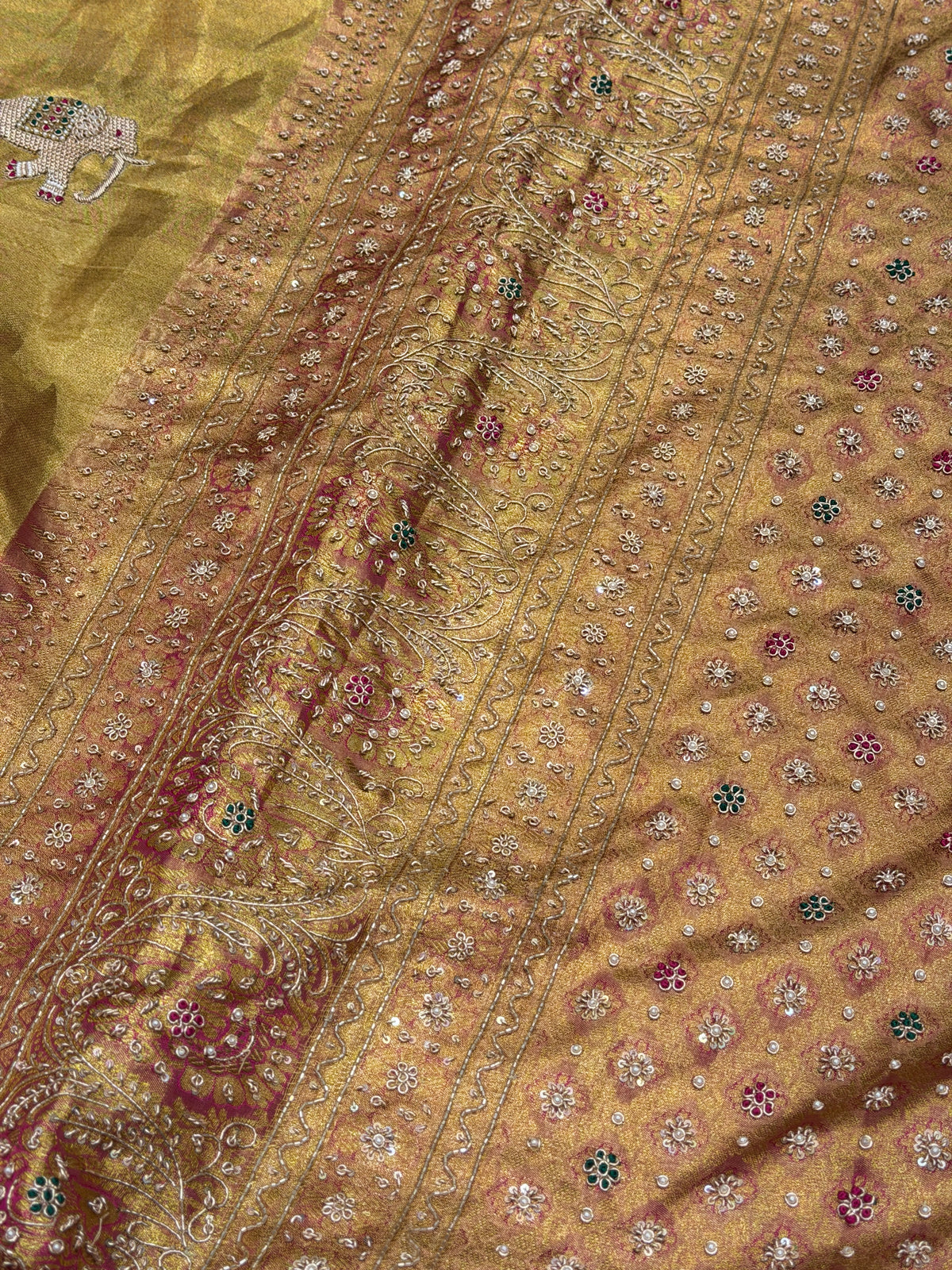 Golden Tissue Silk Kanjivaram Elephant Motif Zardosi Hand Embroidery Saree