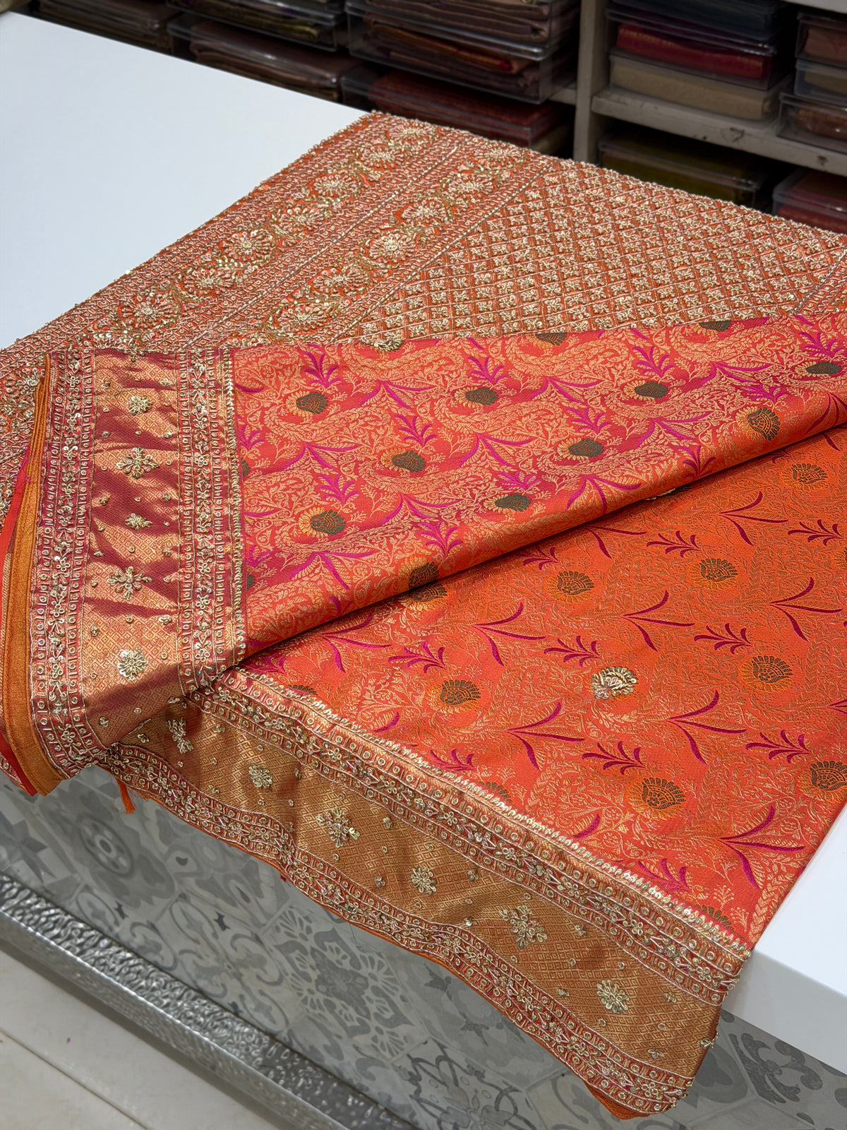 Rust Orange Meenakari Kanjivaram Zardosi Hand Embroidery Saree