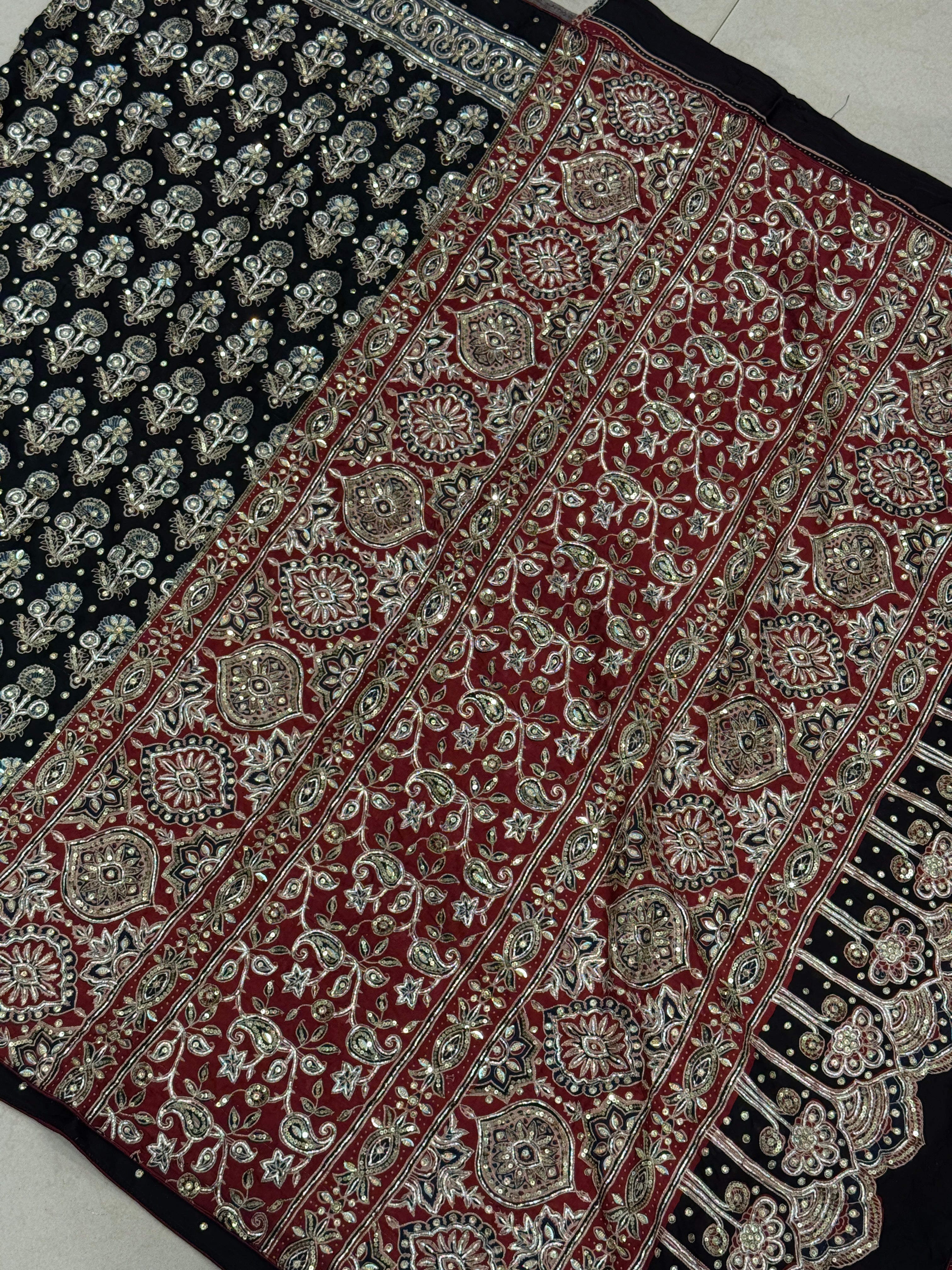 Black Floral Buttas Ajrakh Hand Embroidery Saree