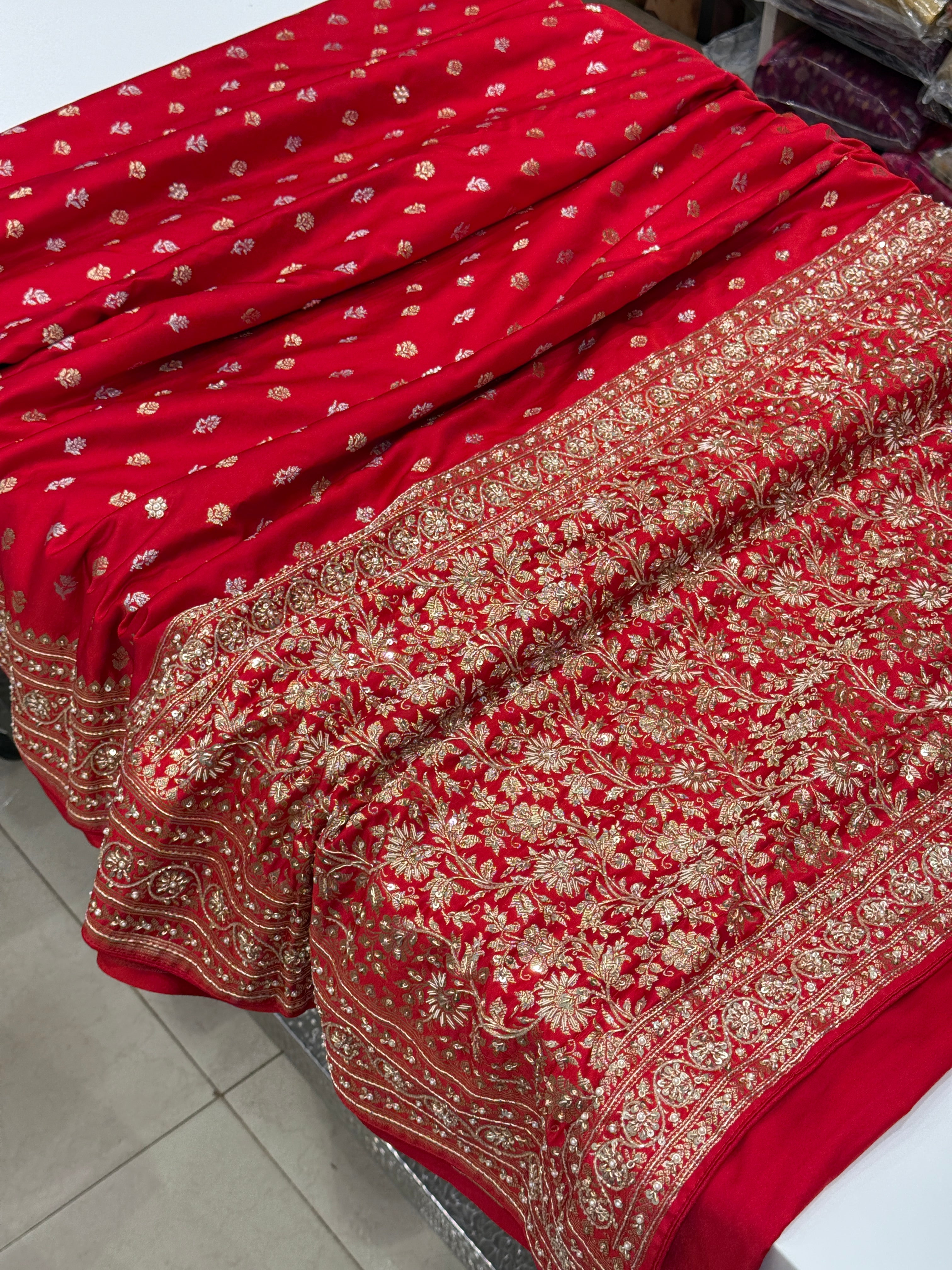 Red Sona Roopa Buttis Zardosi Hand Embroidery Banarasi Saree