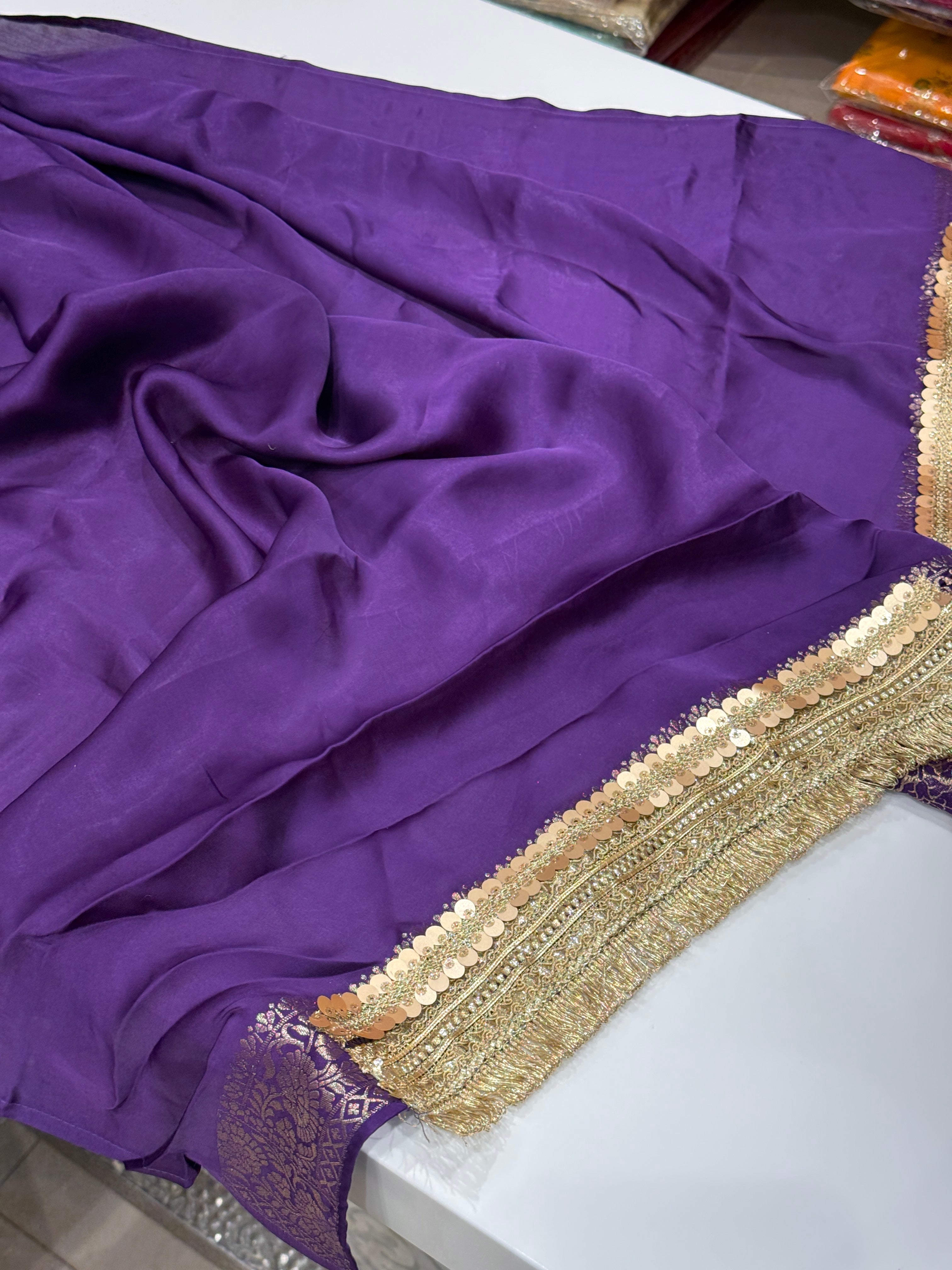 Violet Polka Dot Satin Silk Maharani Lace Saree