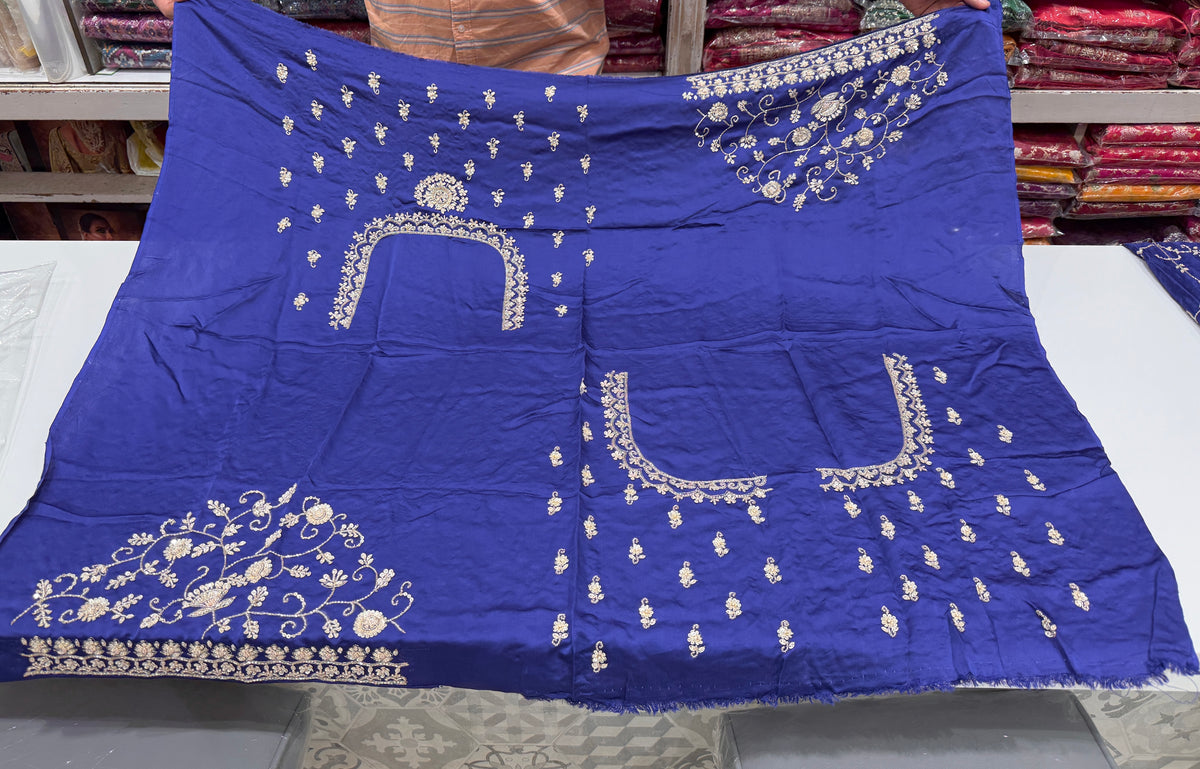 Blue Satin Silk Moti Sequin Jaal Hand Embroidery Saree