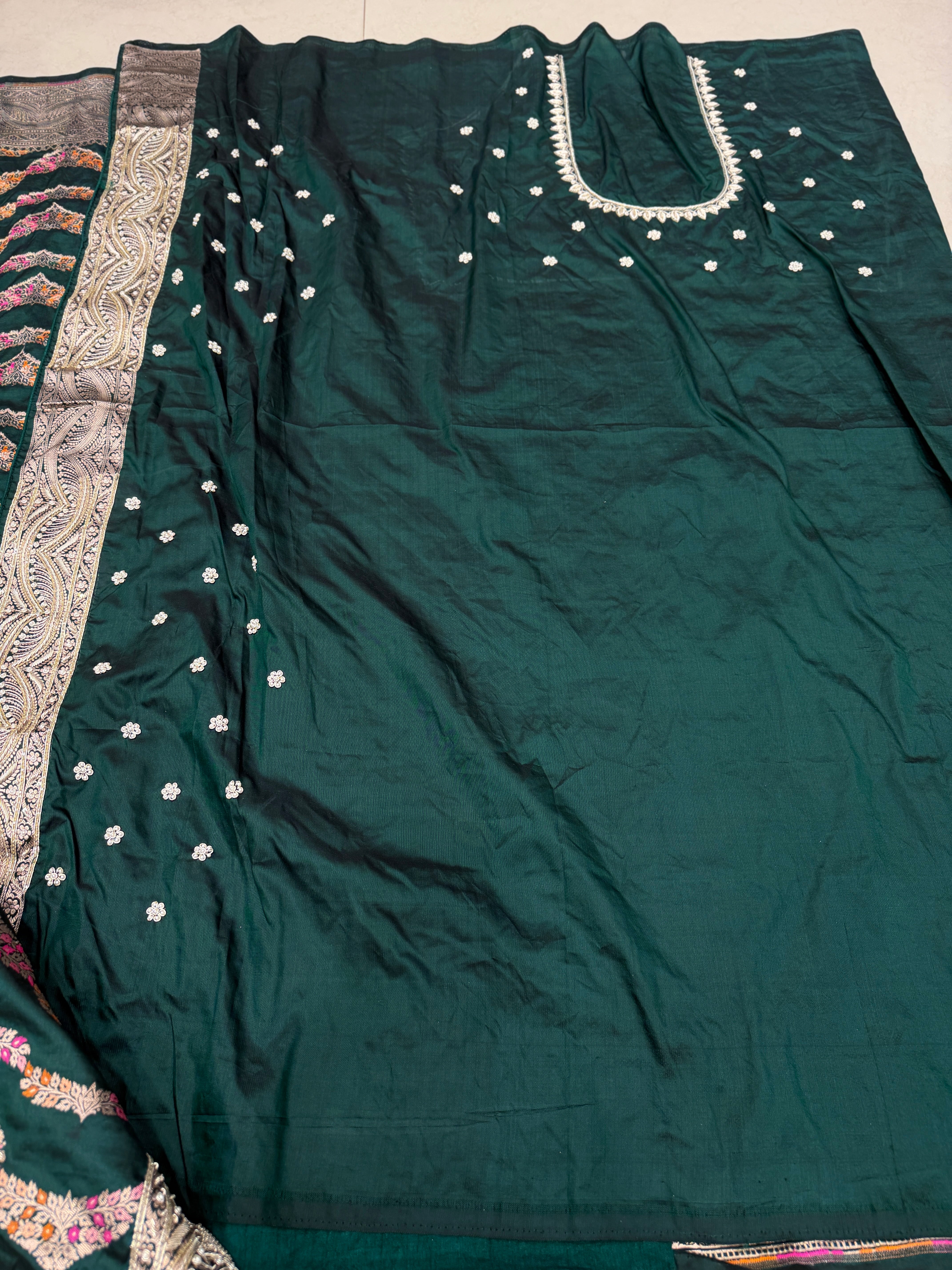 Bottle Green Meenakari Handloom Banarasi Katan Silk Zardosi Hand Embroidery Saree