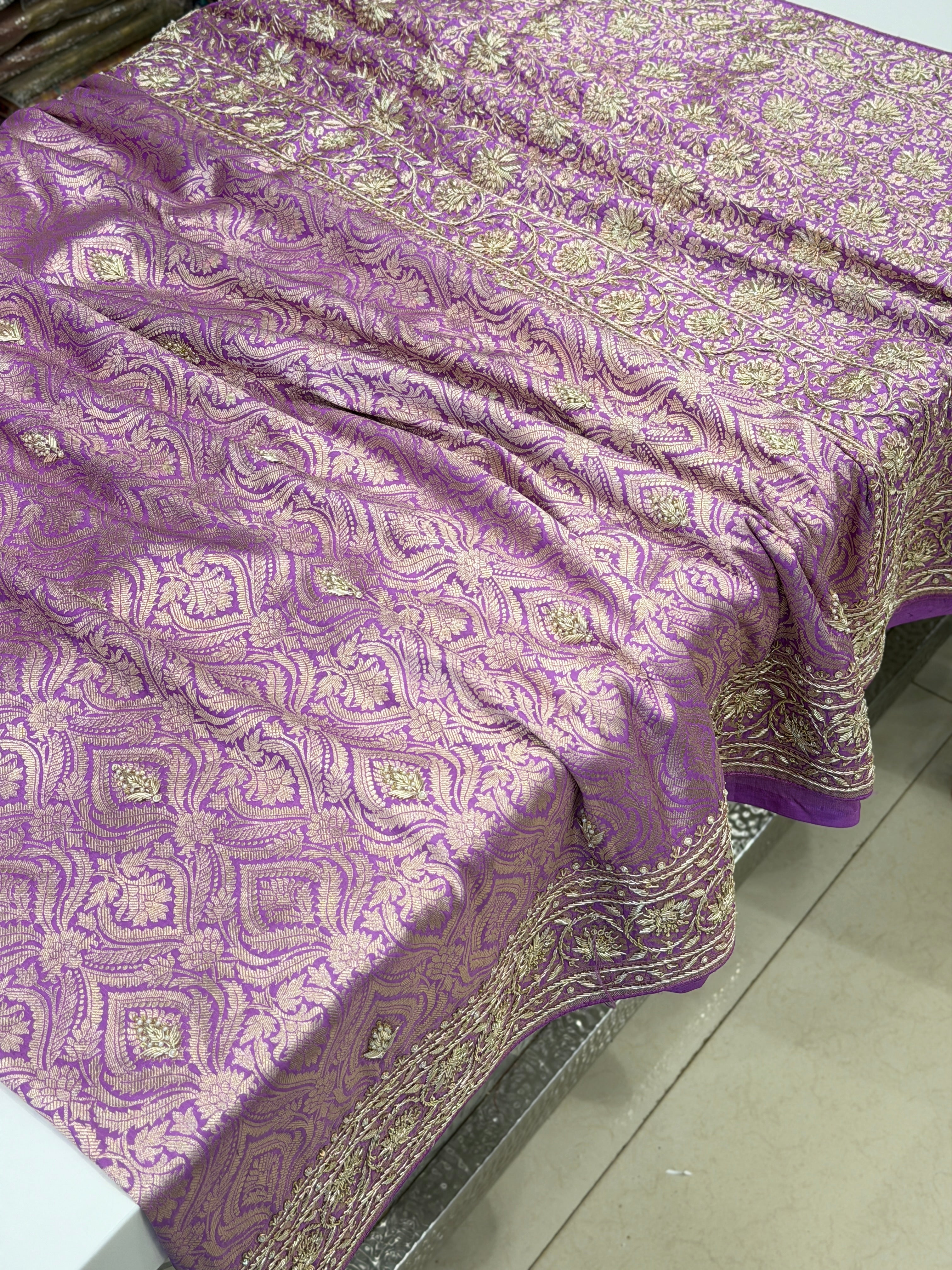 Lilac Brocade Handloom Banarasi Pure Katan Zardosi Embroidery Saree