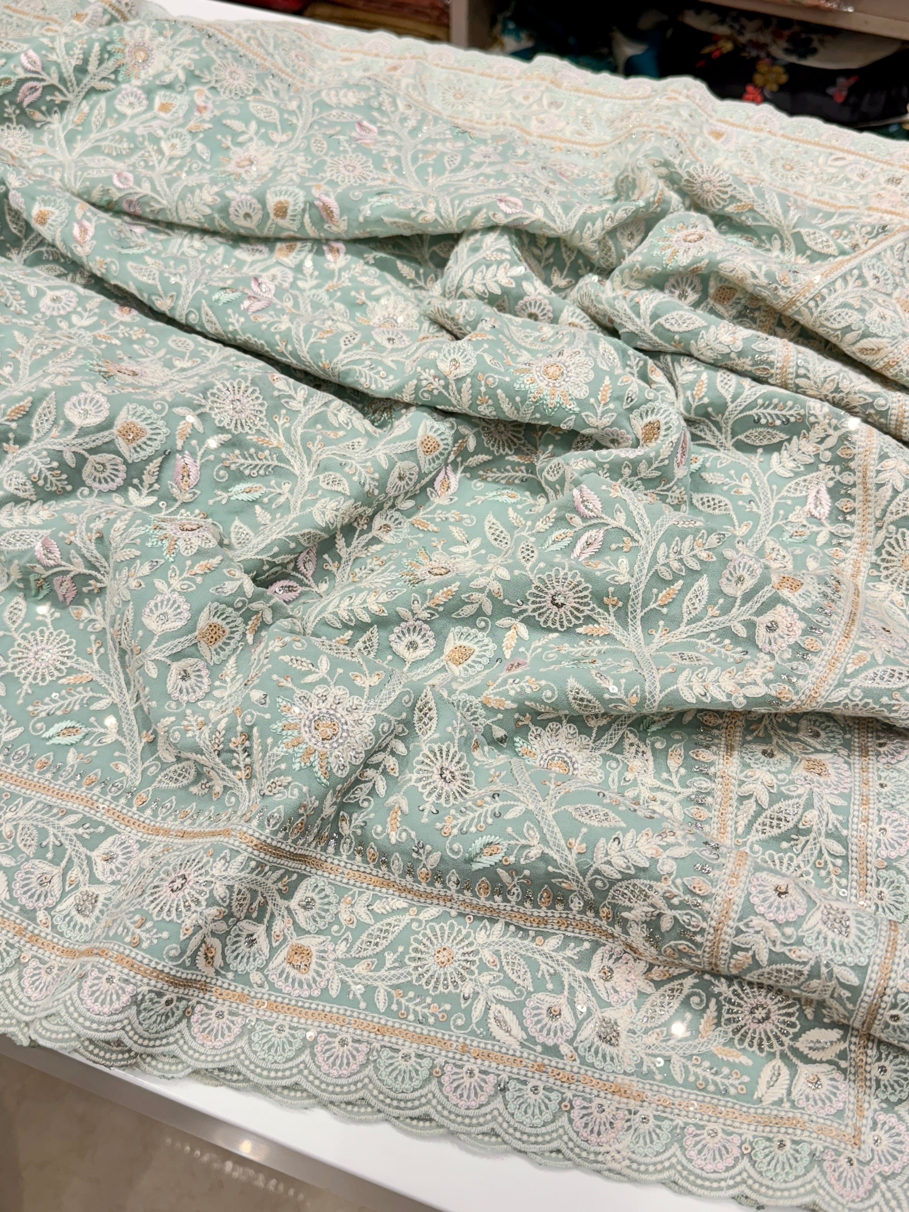 Sea Green Meenakari Chikankari Scallop Design Saree