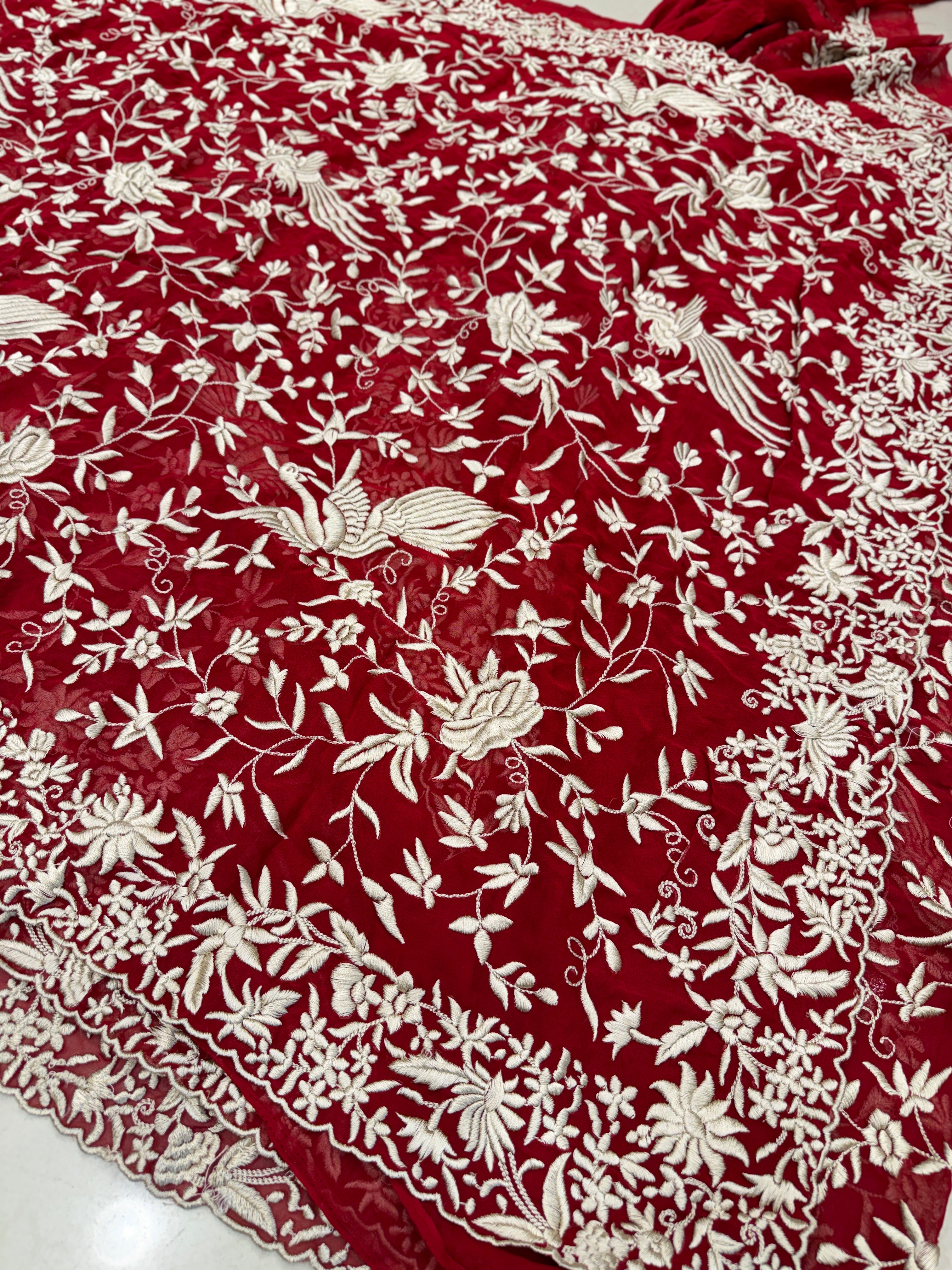 Red Georgette Floral Jaal Flamingo Resham Embroidery Saree