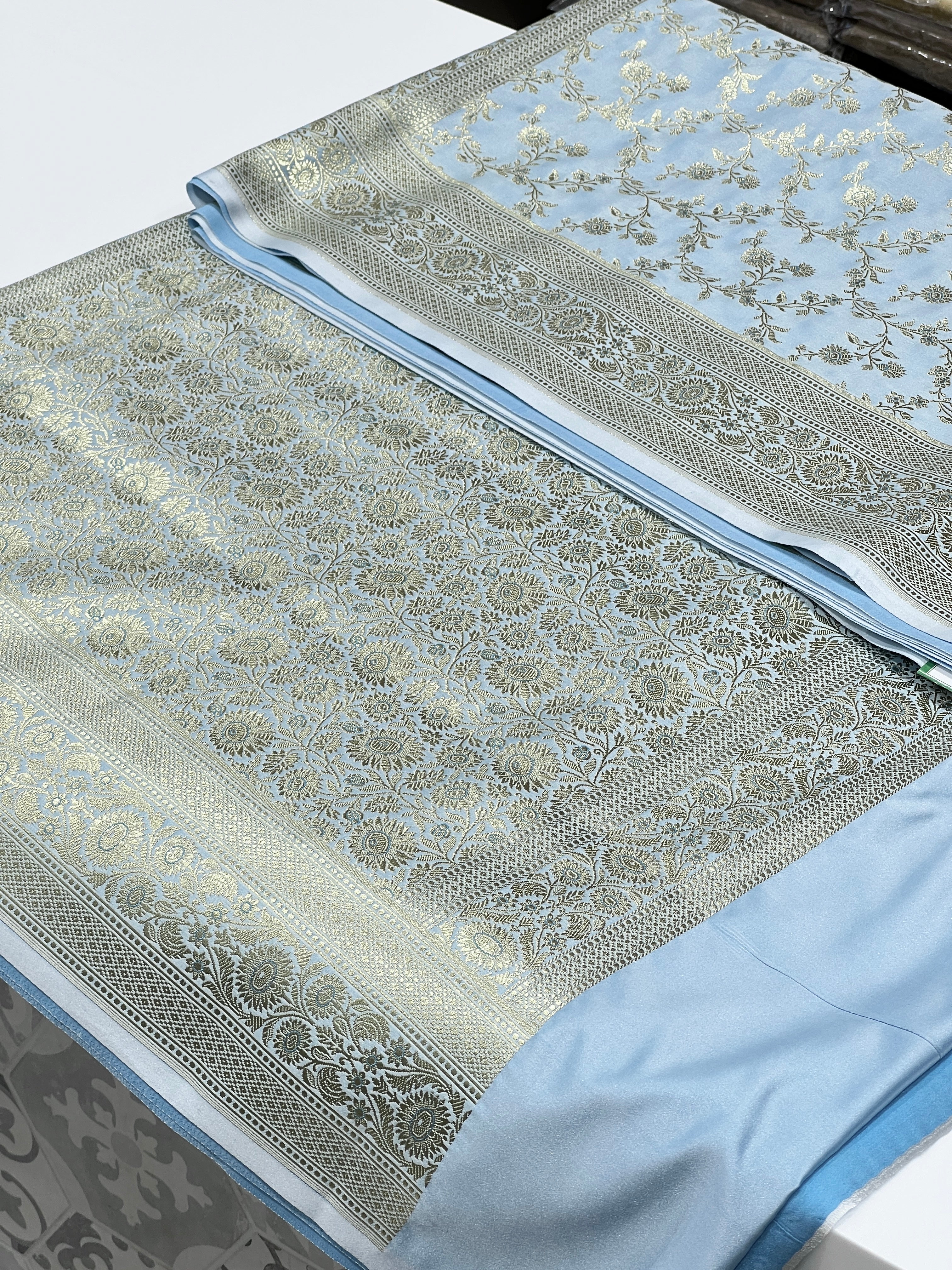 Light Blue Banarasi Silk Flower Border Jaal Saree