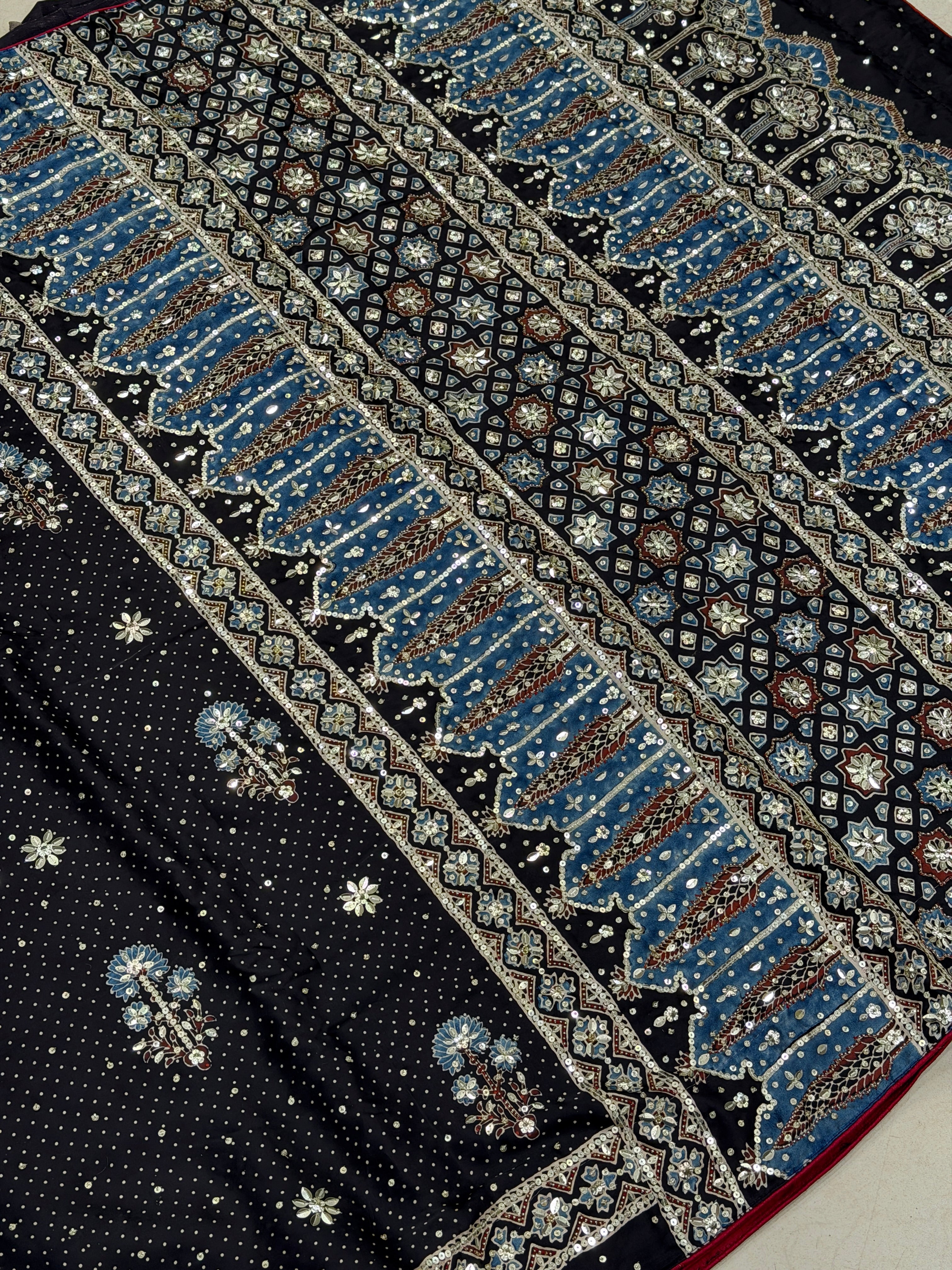 Black Butta Ajrakh Real Mirror Sequin Moti Hand Embroidery Saree