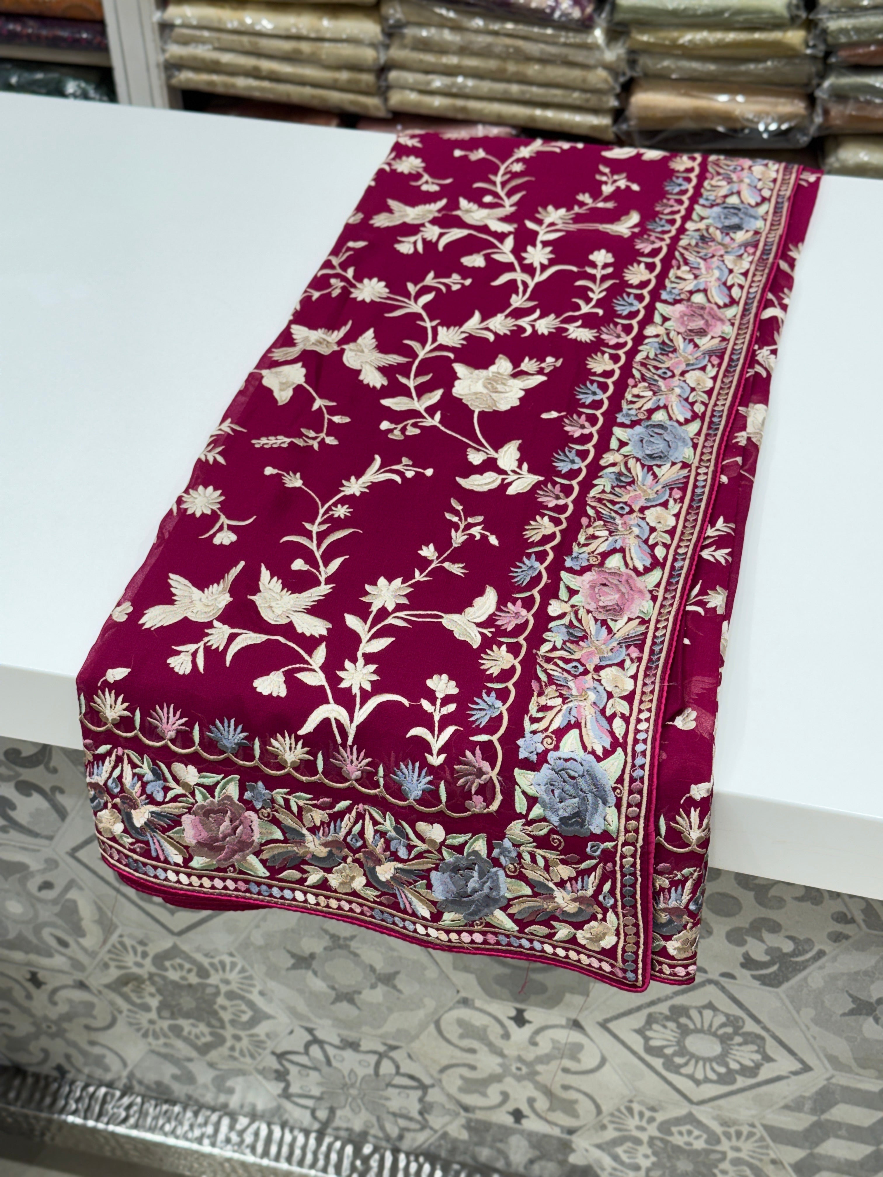 Cross Wine Persian Jaal Loving Birds Parsi Gara Saree