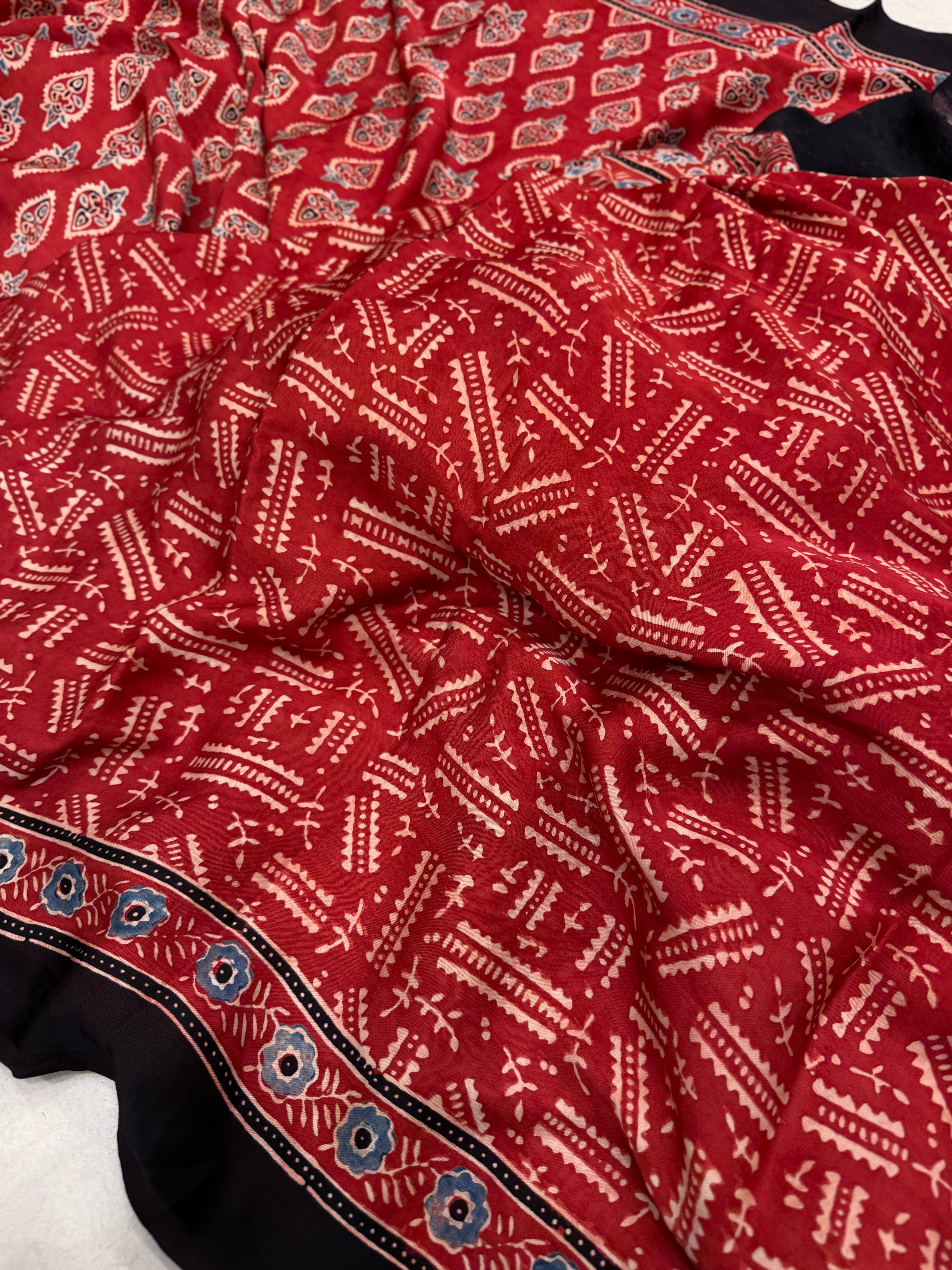 Red Buttis Ajrakh Block Print Hand Pure Gajji Silk Saree
