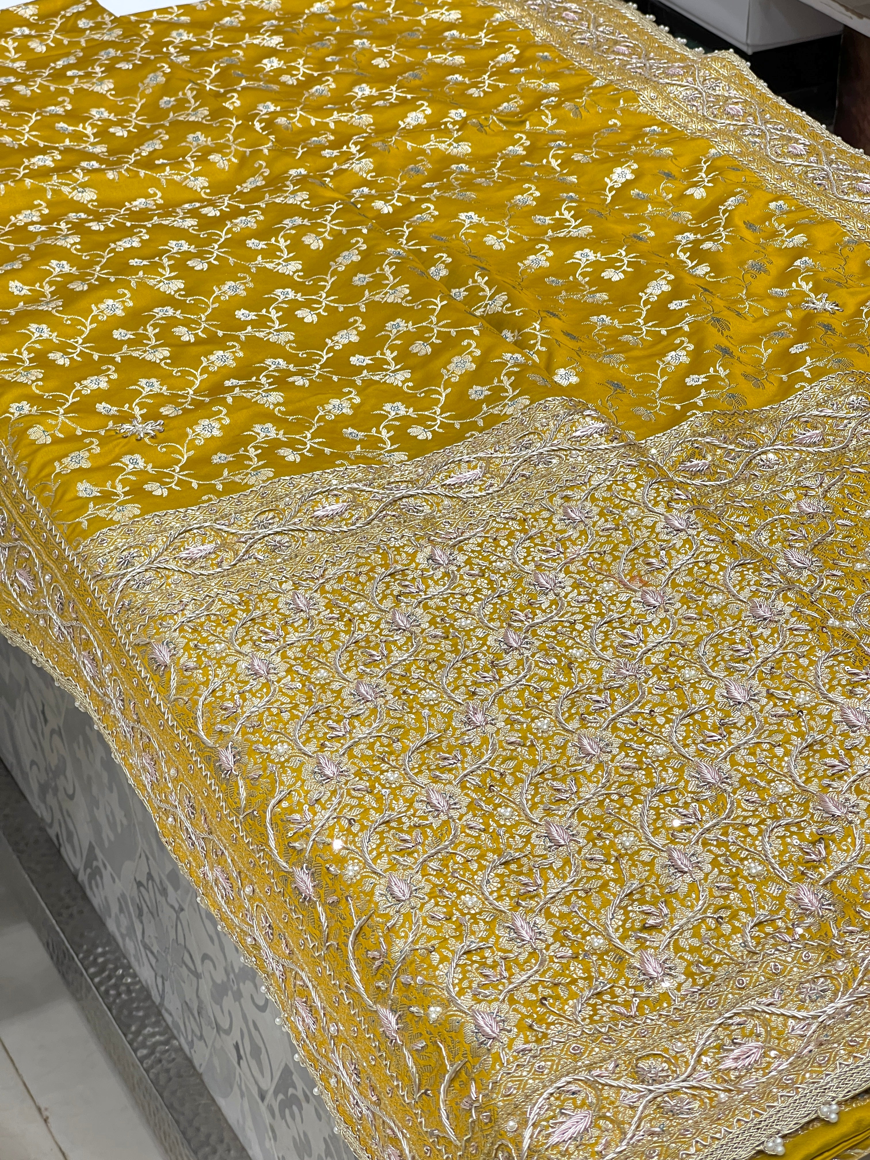 Greenish Yellow Banarasi Silk Periwinkle Zardozi Saree