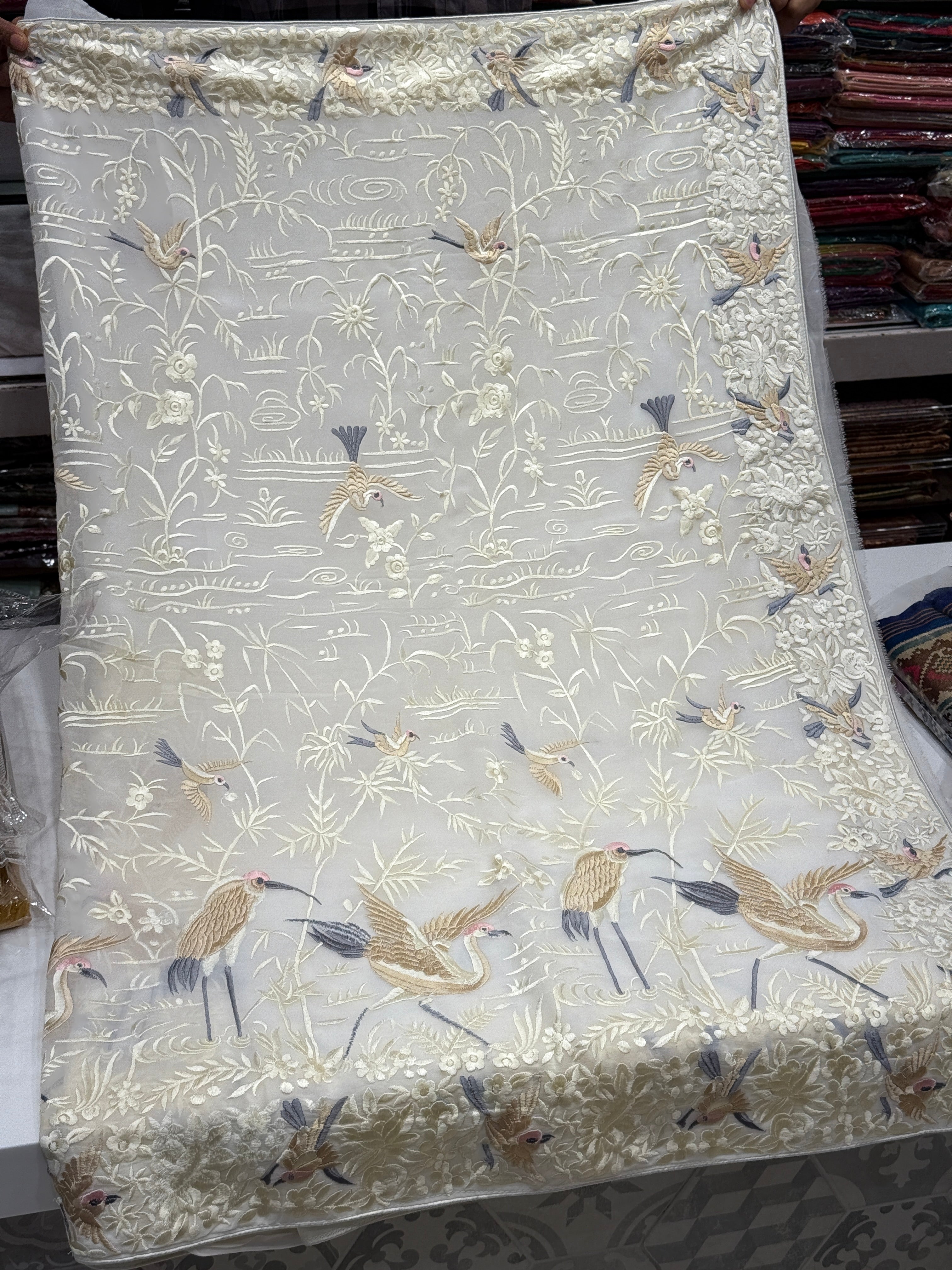 White Georgette Flying Flamingo Parsi Gara Saree