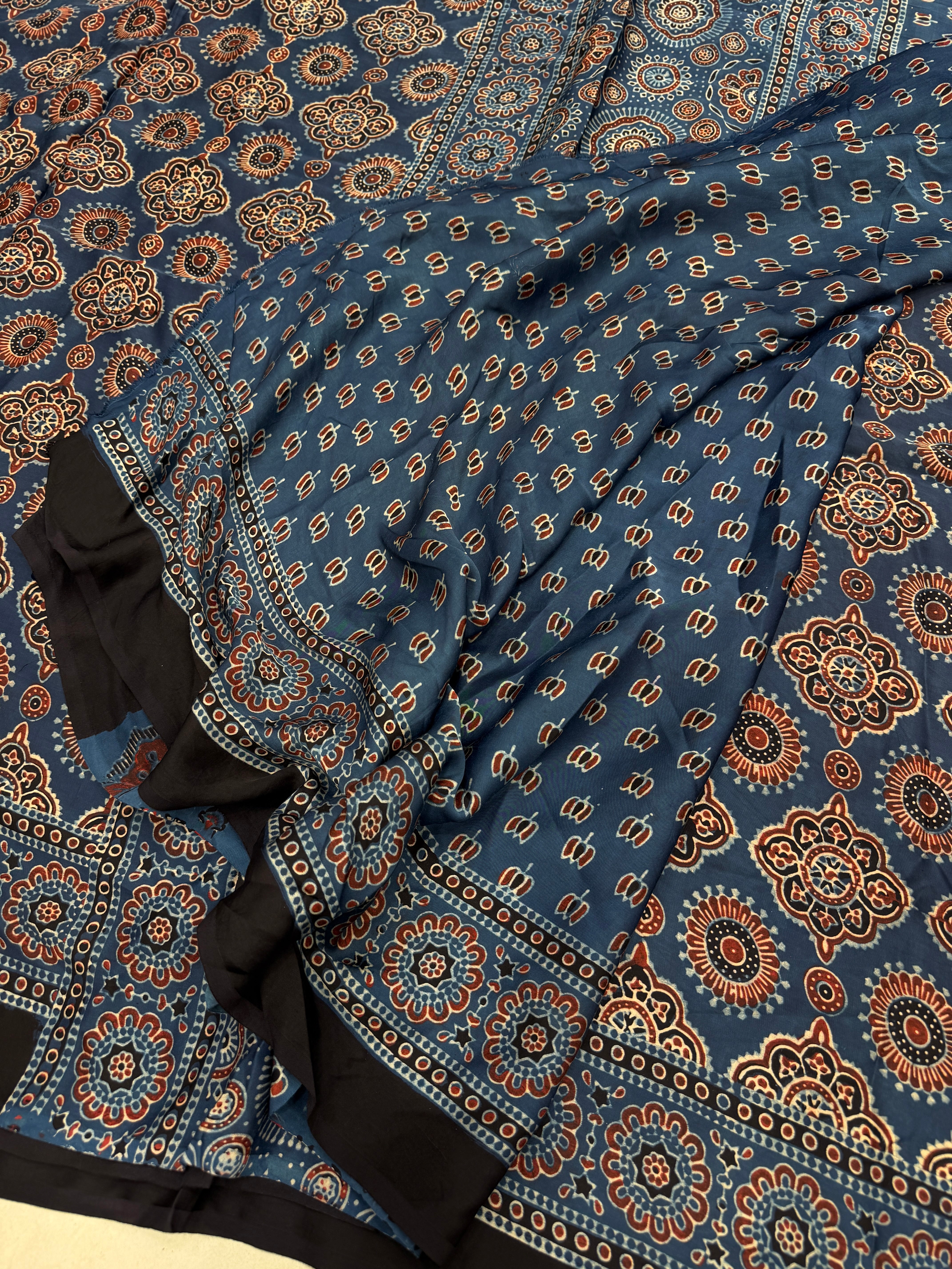Blue Badam Jaal Ajrakh Hand Block Print Pure Gajji Silk Saree