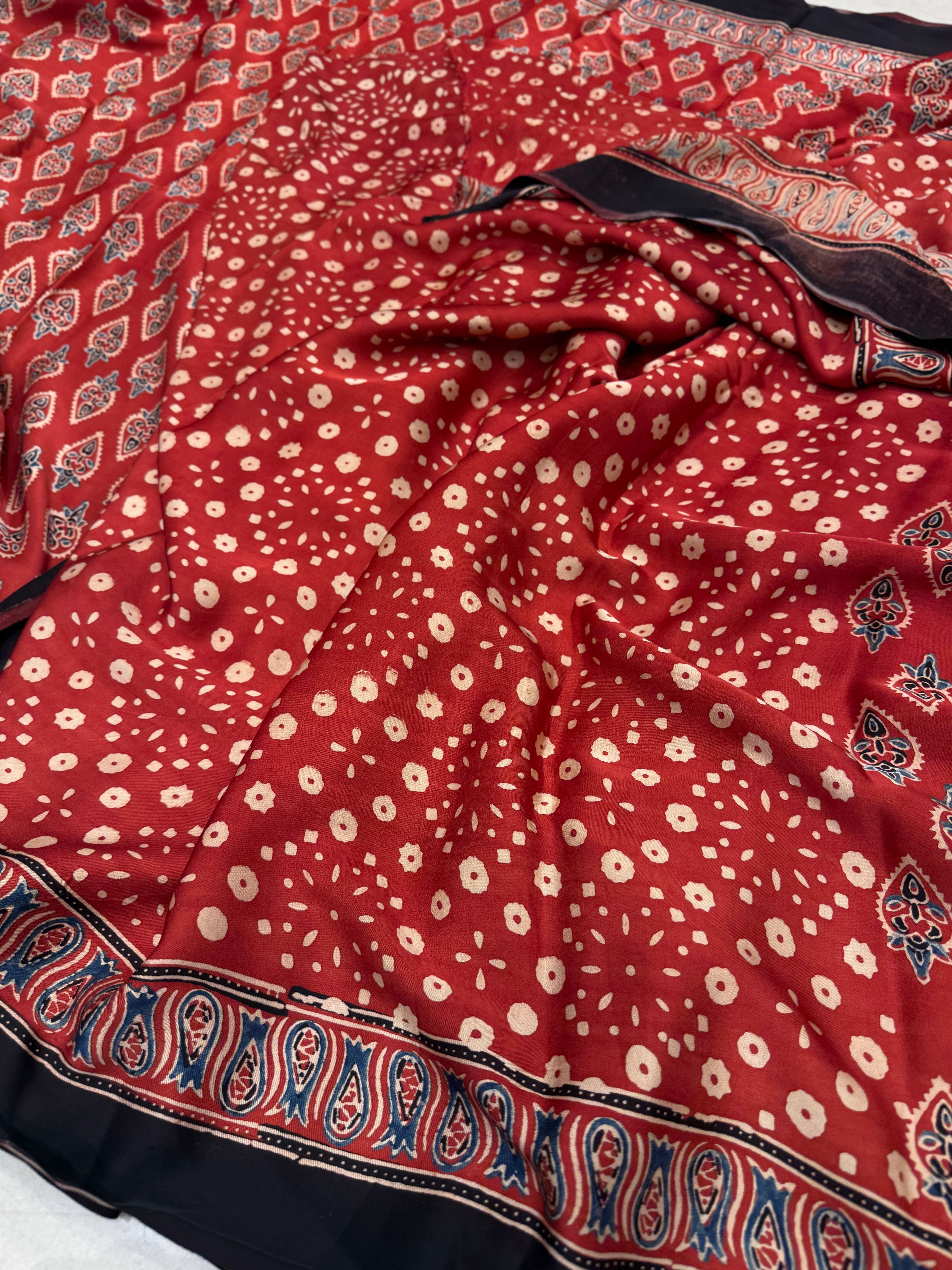 Red Torch Buttis Ajrakh Modal Gajji Silk Saree