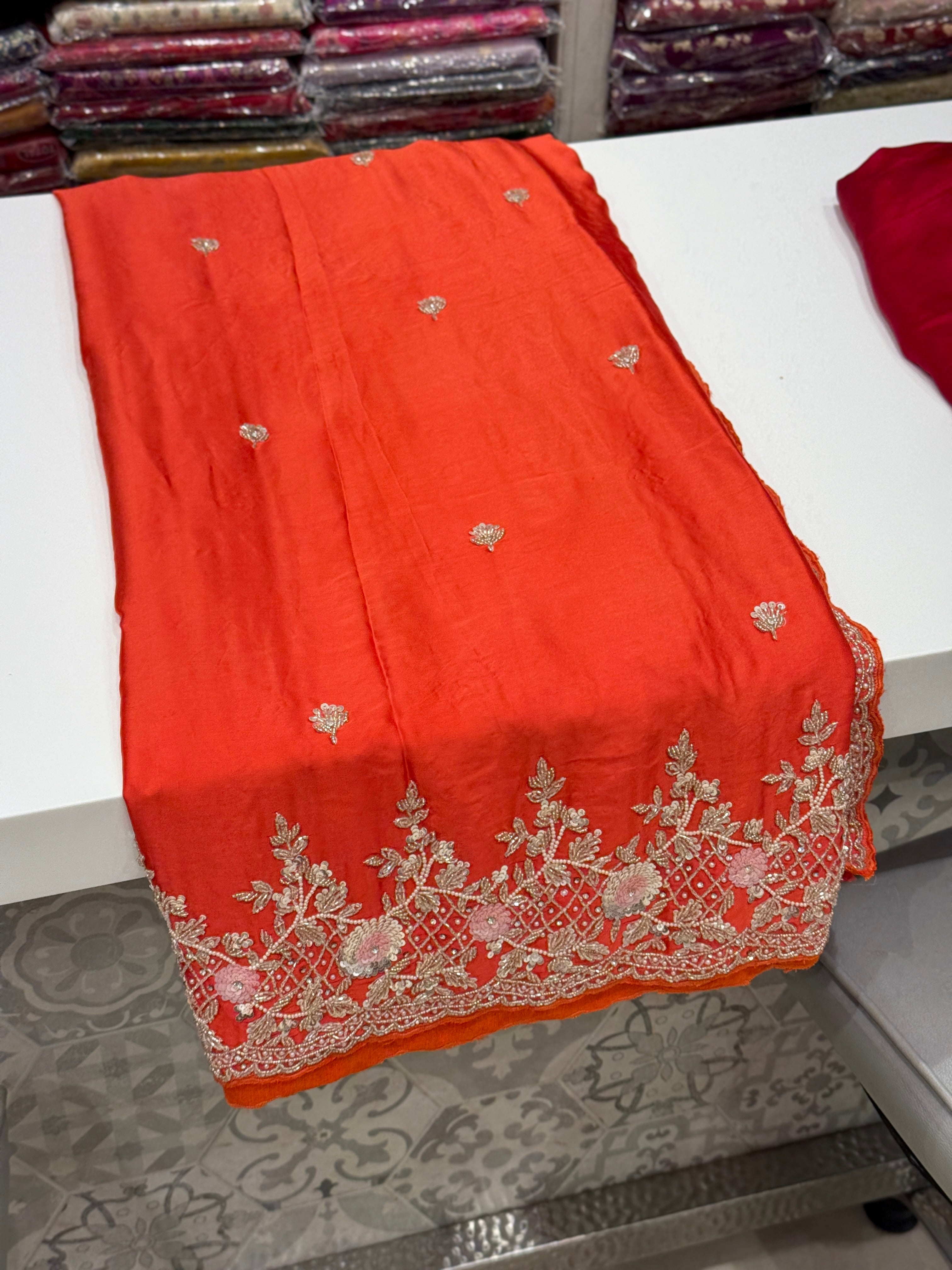 Orange Satin Sequin Moti Border Hand Embroidery Saree