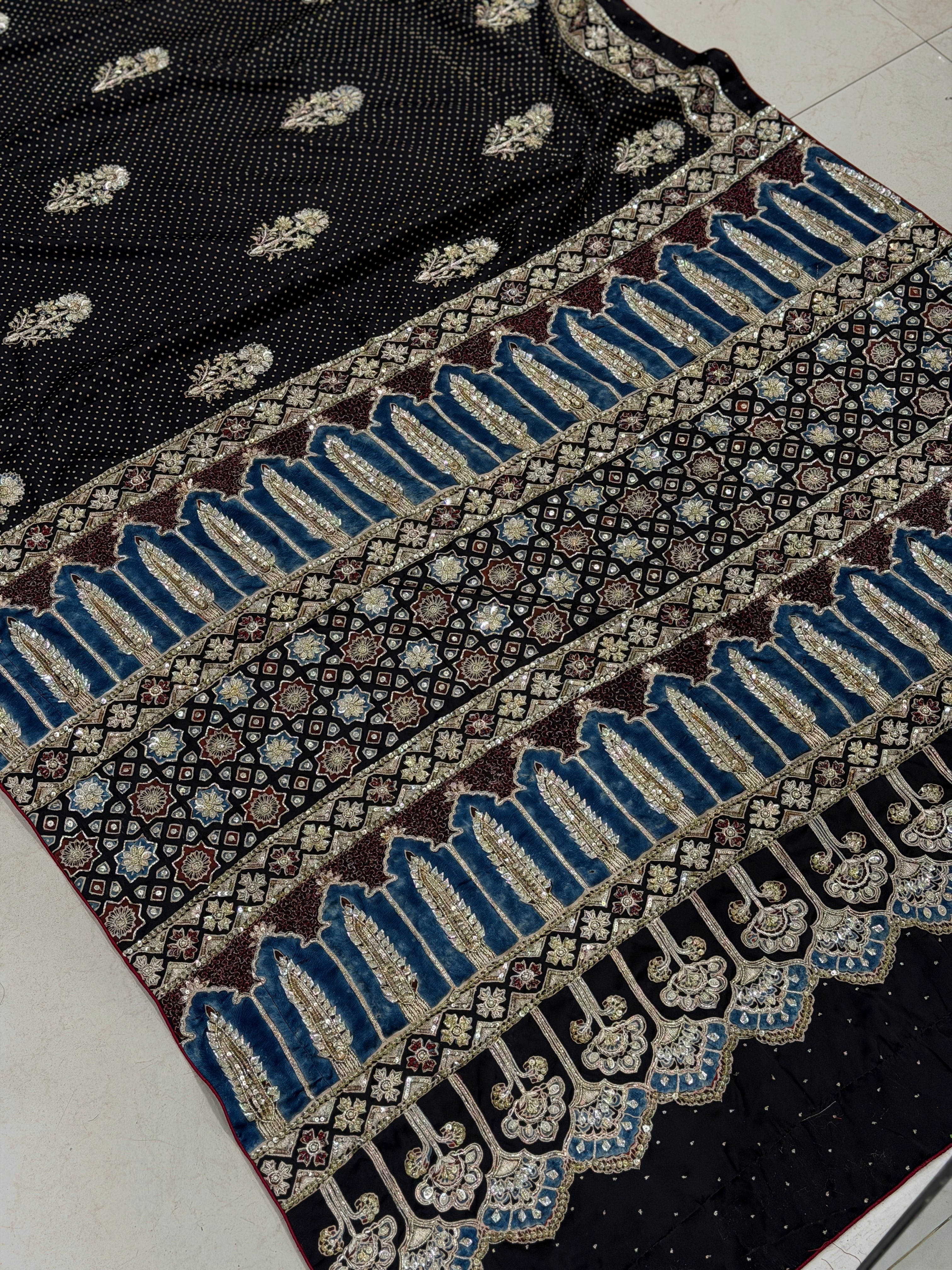 Black Buttas Pita Zardosi Sequin Ajrakh Hand Embroidery Saree