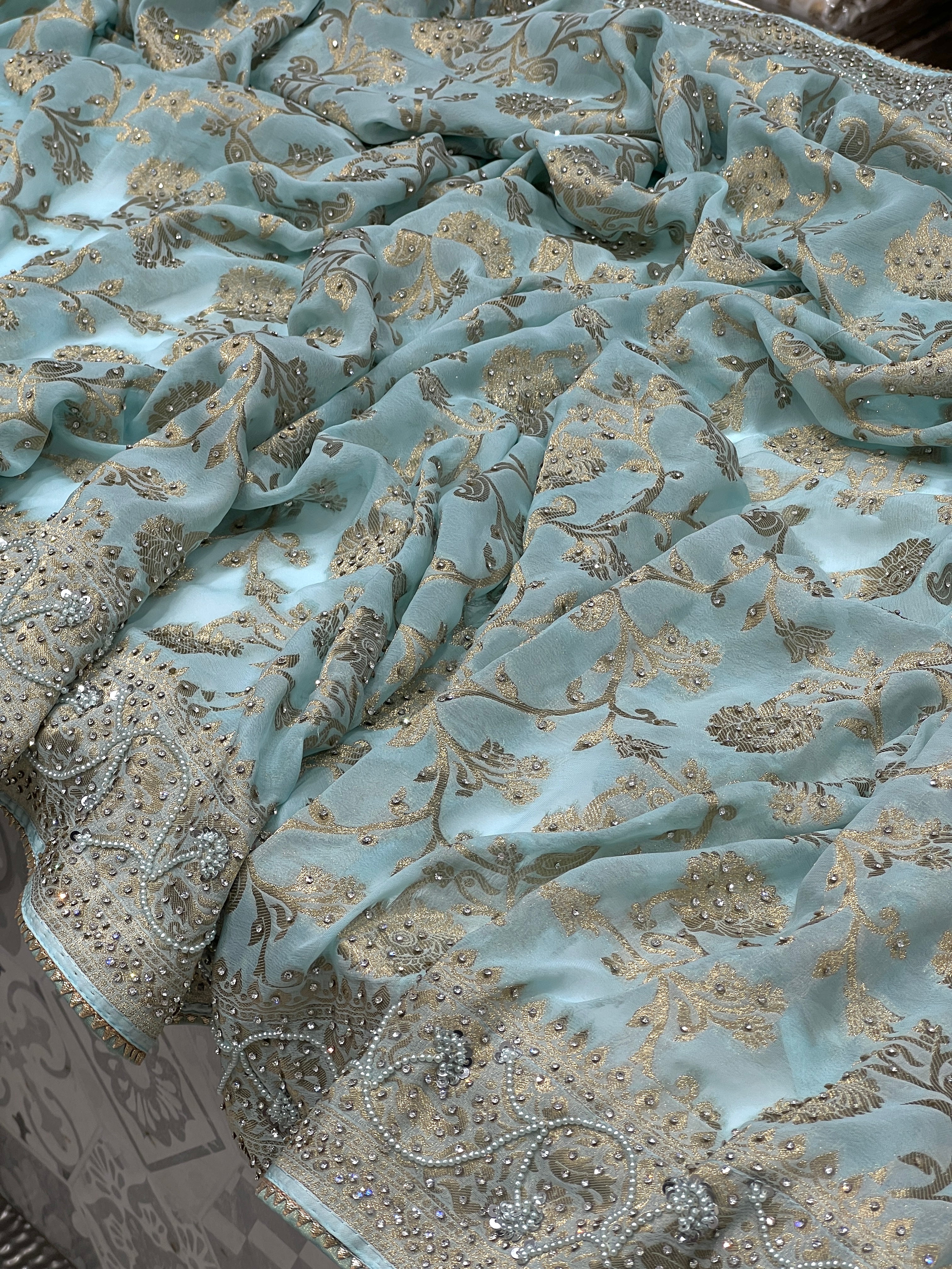Blue Baghban Banarasi Georgette Jaal Hand Embroidery Saree