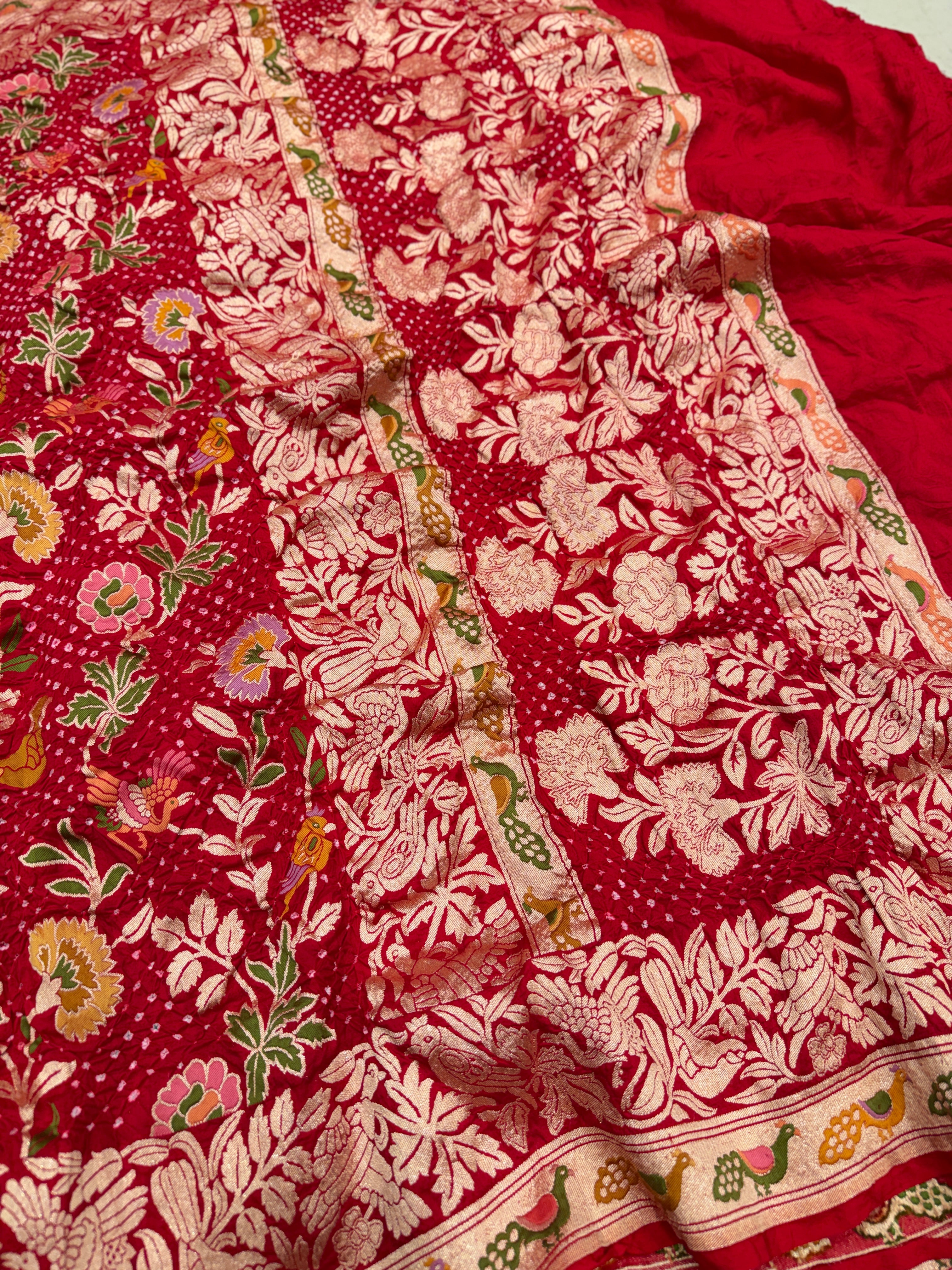 Red Meenakari Meenakari Jaal Peacock Motif Pure Handloom Bandhej Georgette Saree