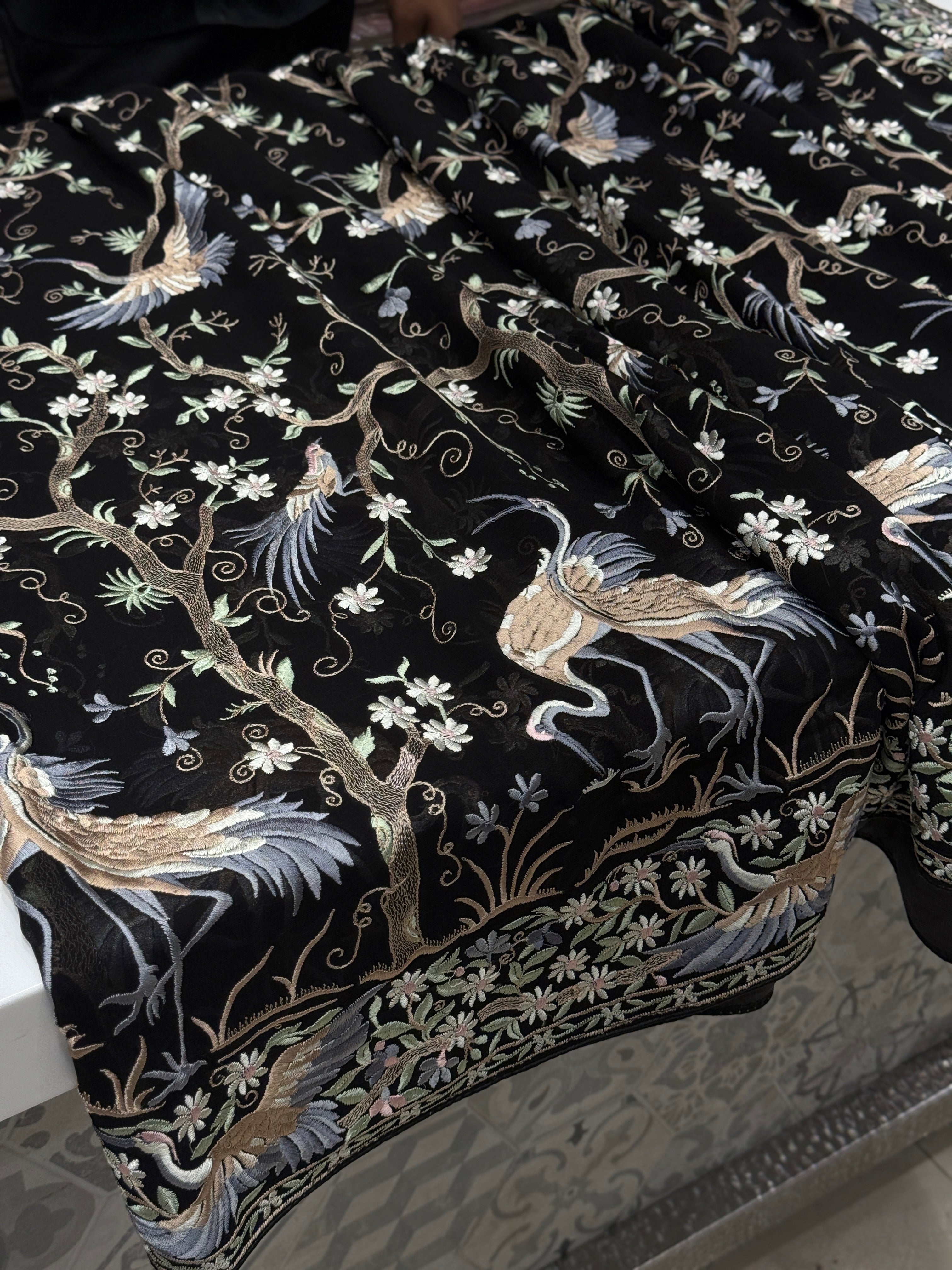 Black Tree Of Life Flamingo Parsi Gara Saree