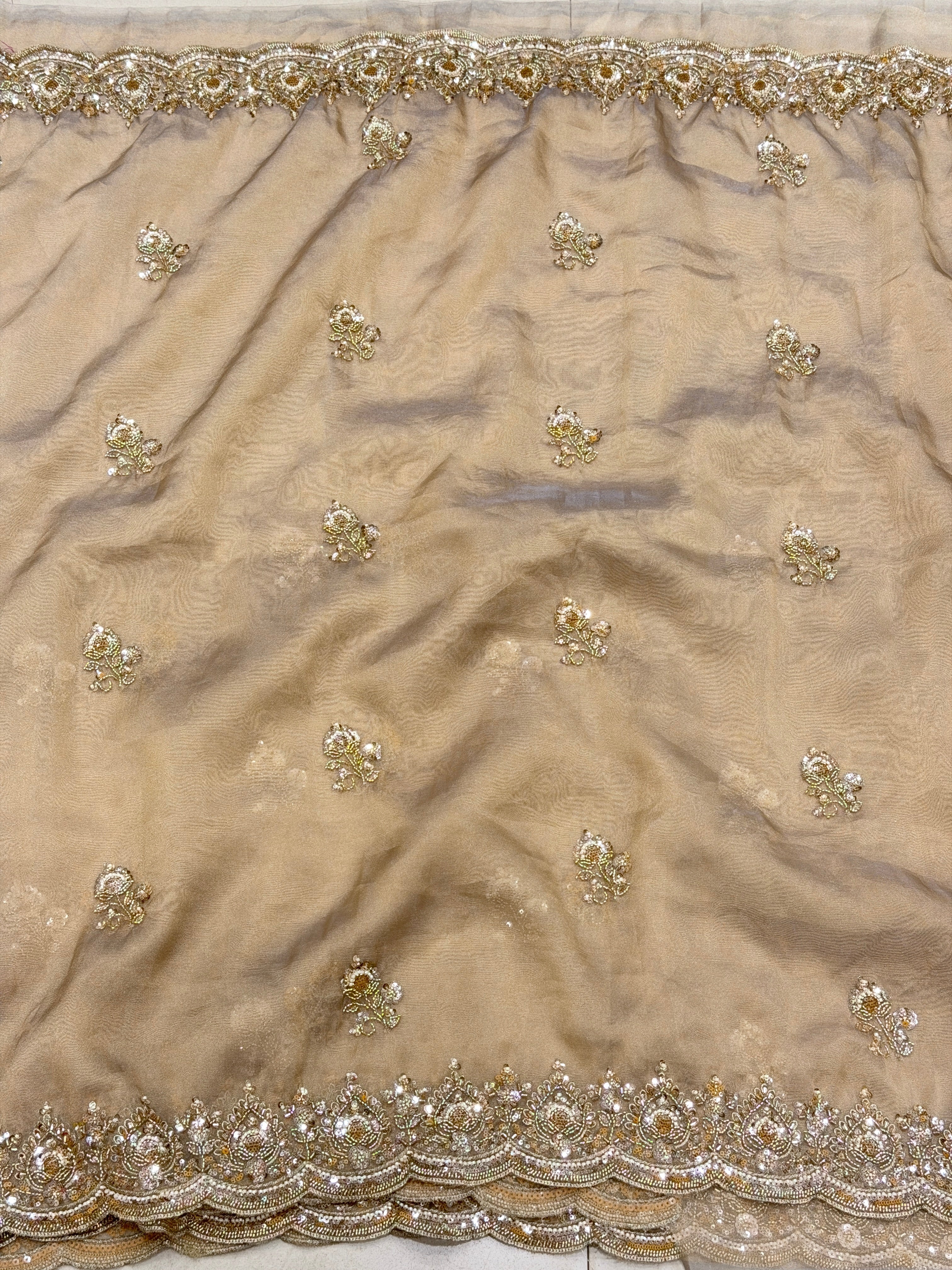Gold Tissue Organza Moti Sequin Embroidery Heavy Blouse Saree