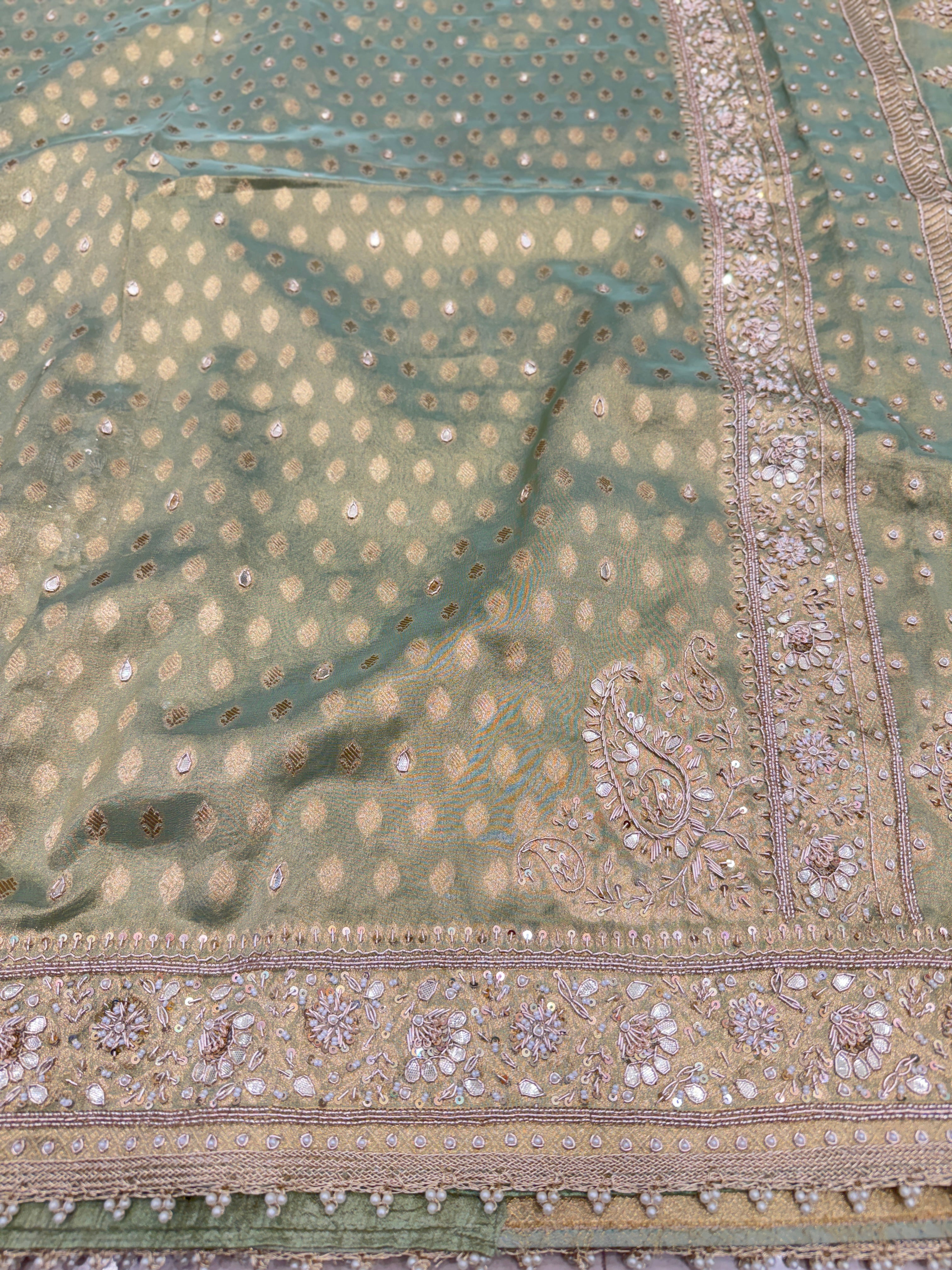 Pista Green Tissue Buttis Zardosi Gota Hand Embroidery Saree