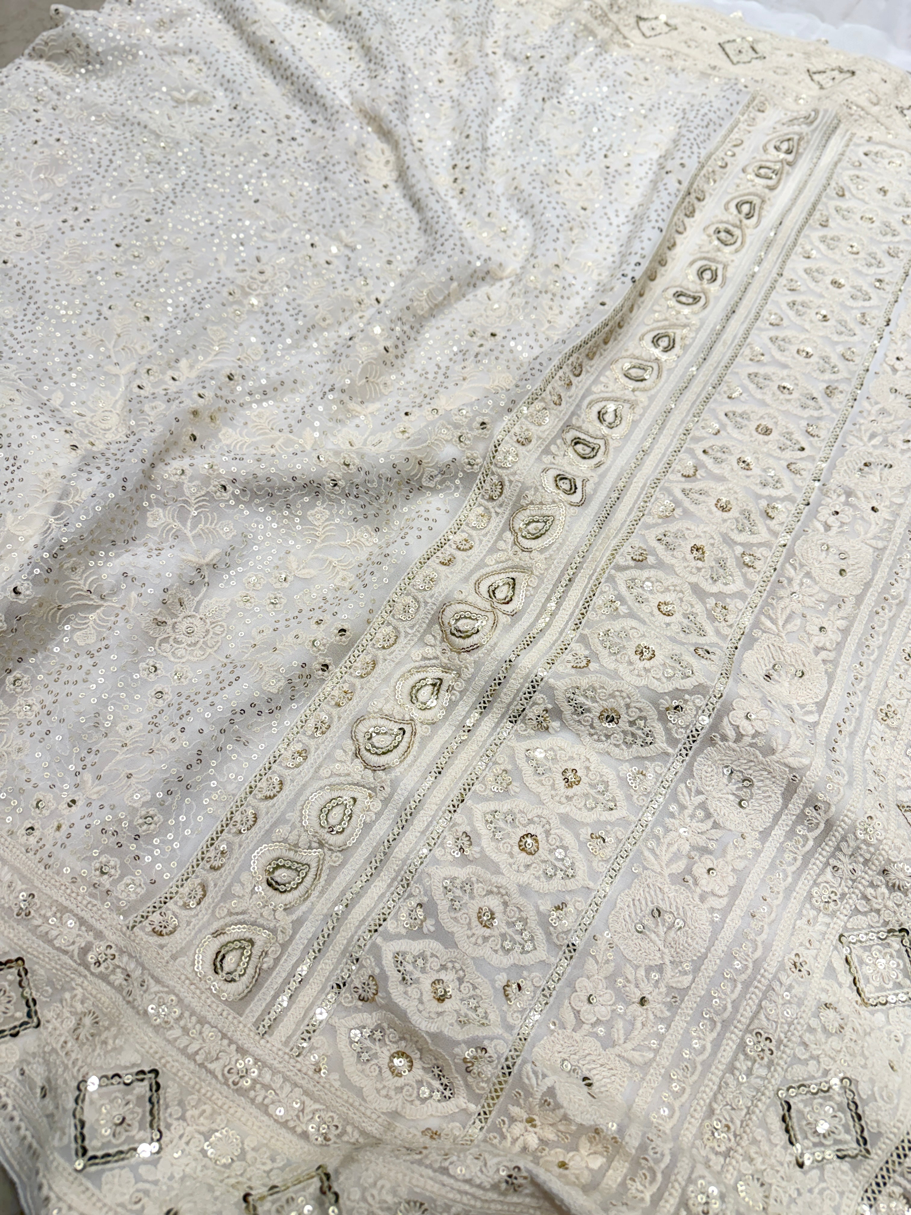 Moti White Sequin Embroidery Georgette Chikankari Resham Saree