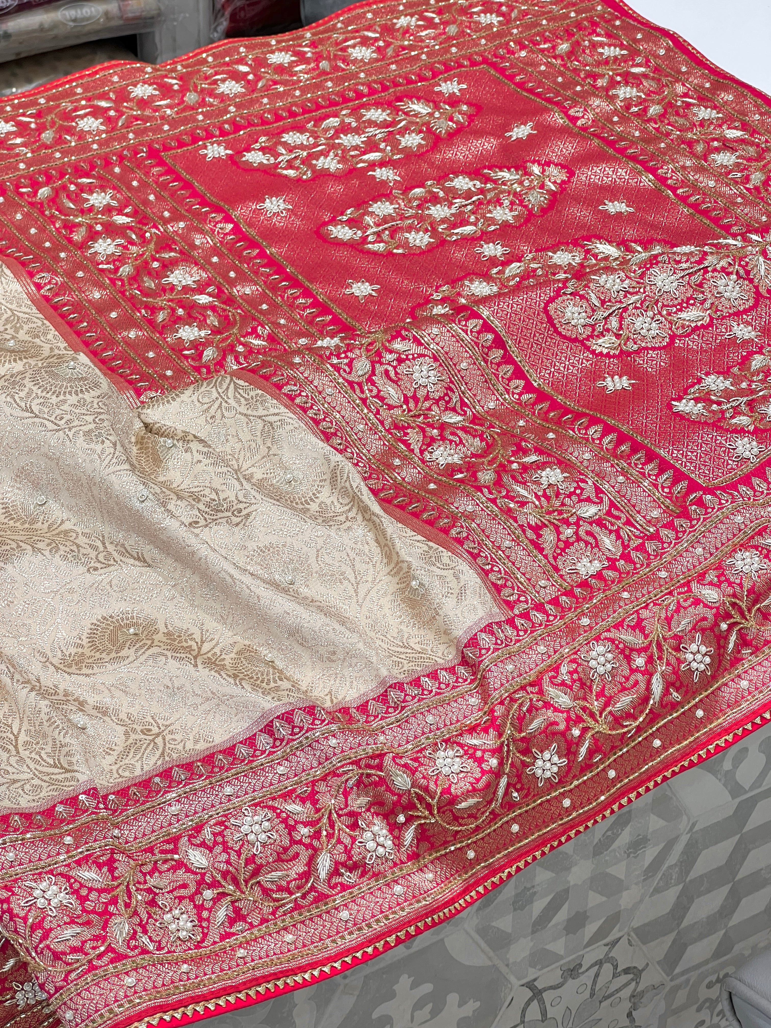 Beige Banarasi Reddish Pink Border Hand Embroidery Saree