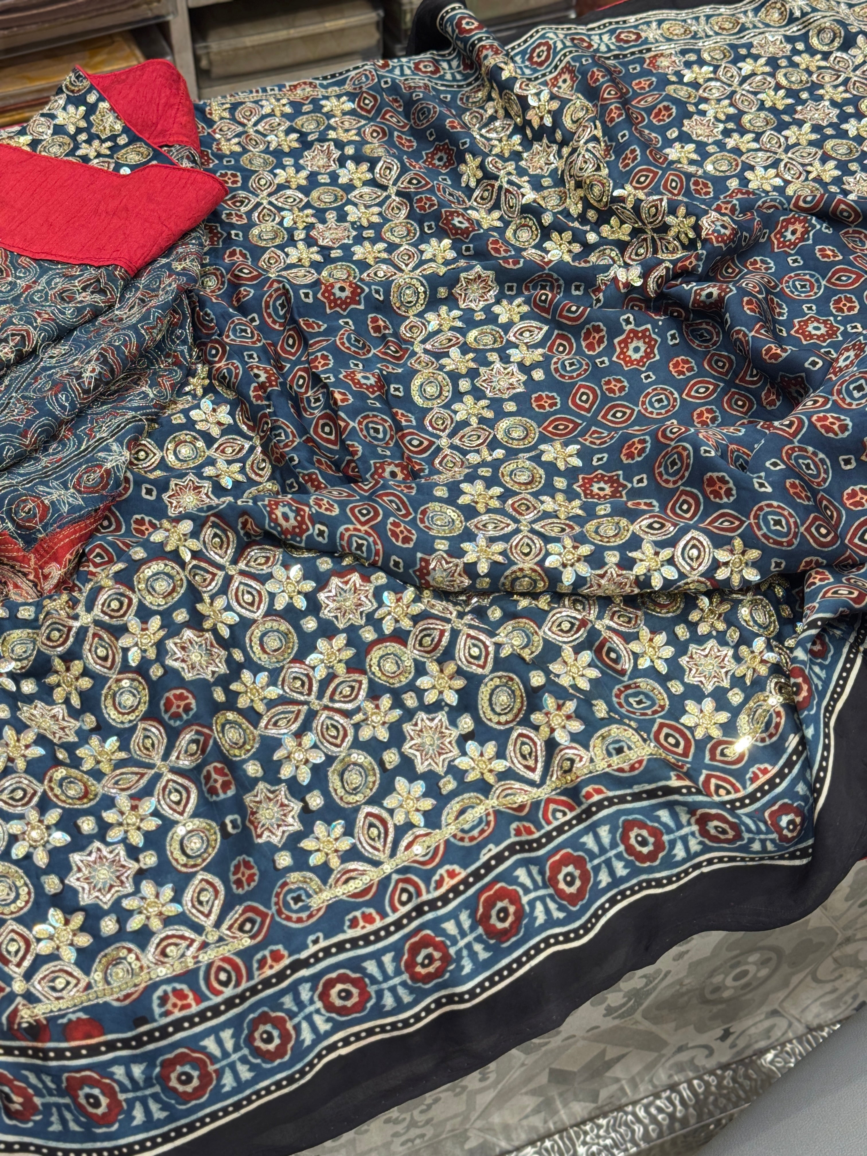 Red Blue Pallu Floral Buttas Ajrakh Hand Embroidery Saree