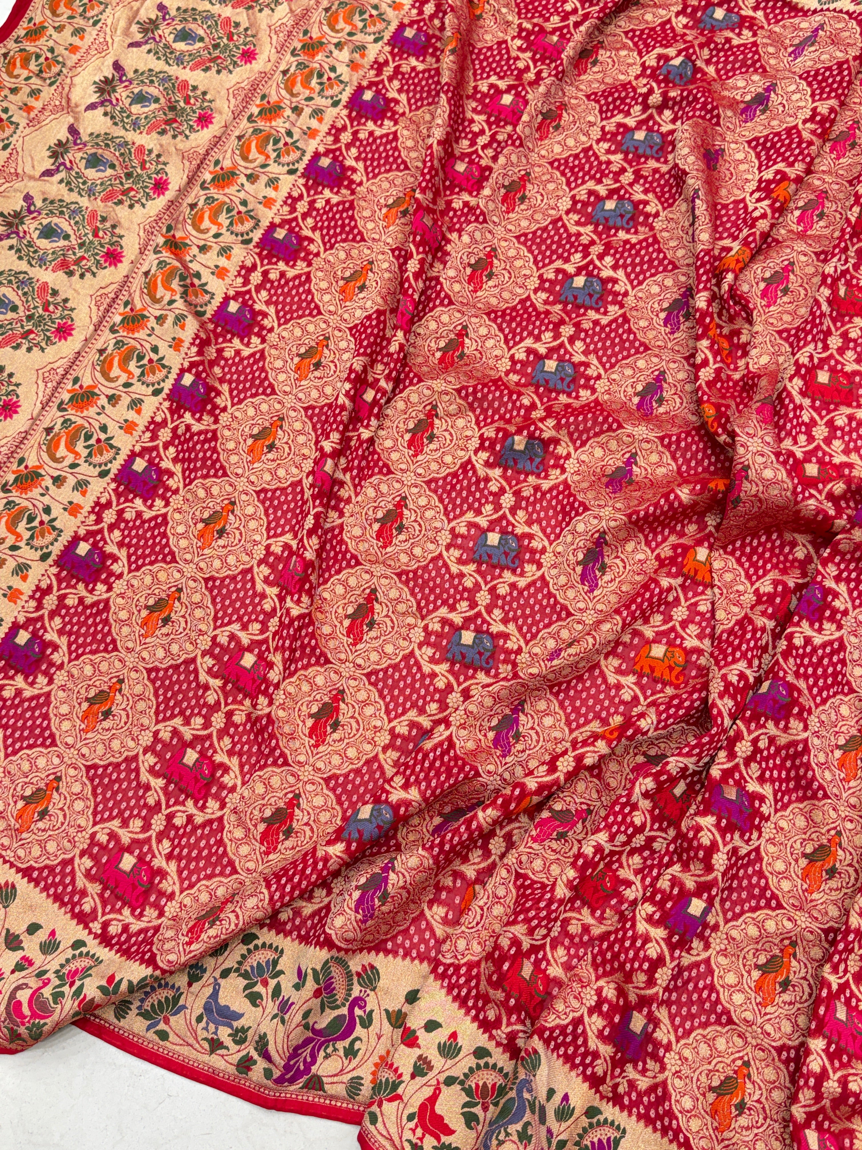 Red Woven Bandhej Dupatta Meenakari Peacock Motif