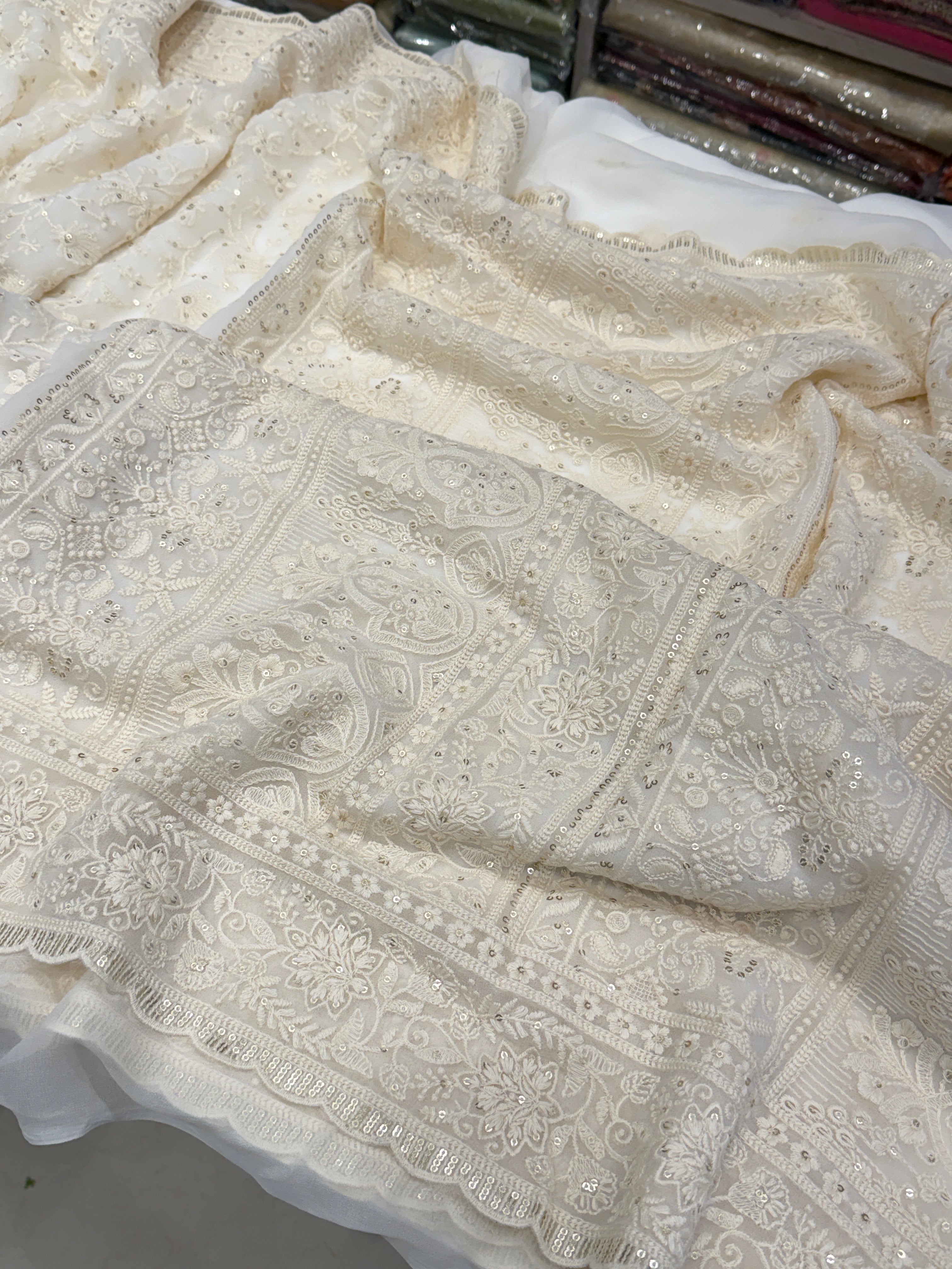 White Chikankari Georgette Floral Jaal Resham Sequin Embroidery Saree