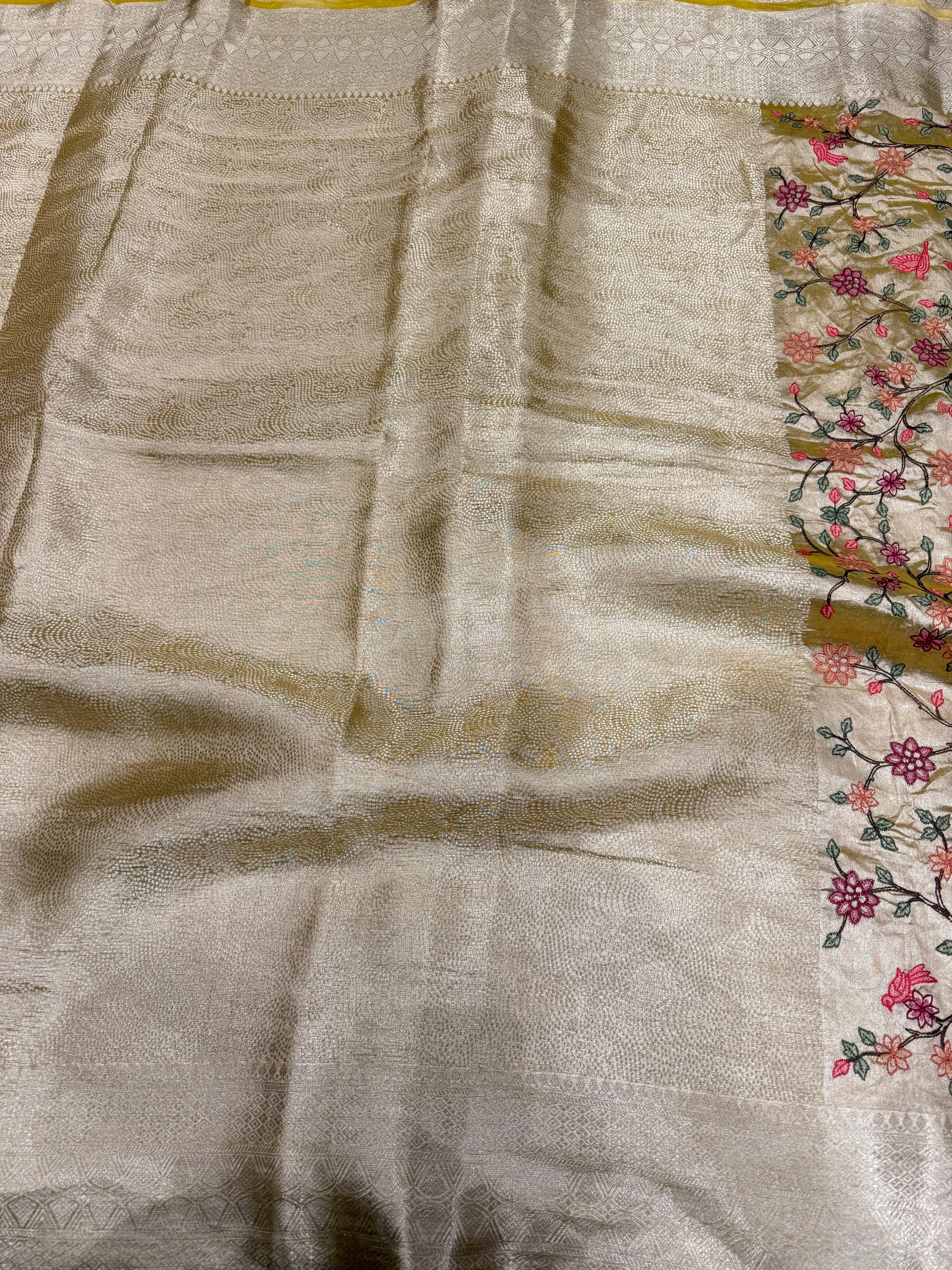 Yellow Handloom Tissue Peacock Contemporary Resham Embroidery Saree