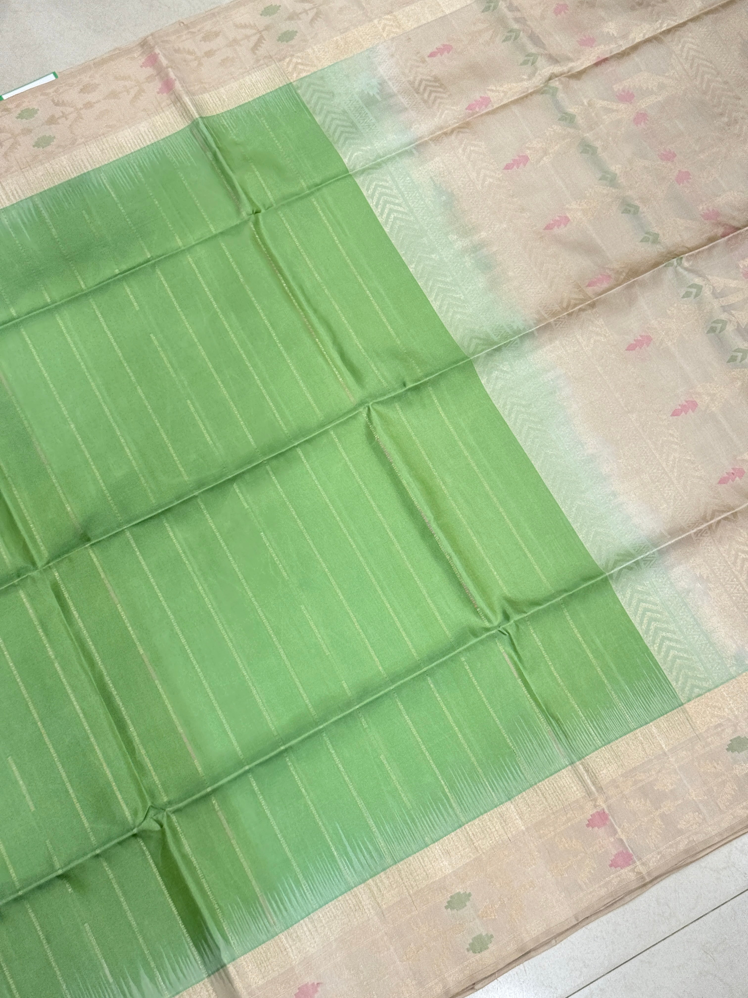 Pista Green Beige Contemporary Handloom Kanchipuram Pure Silk Saree