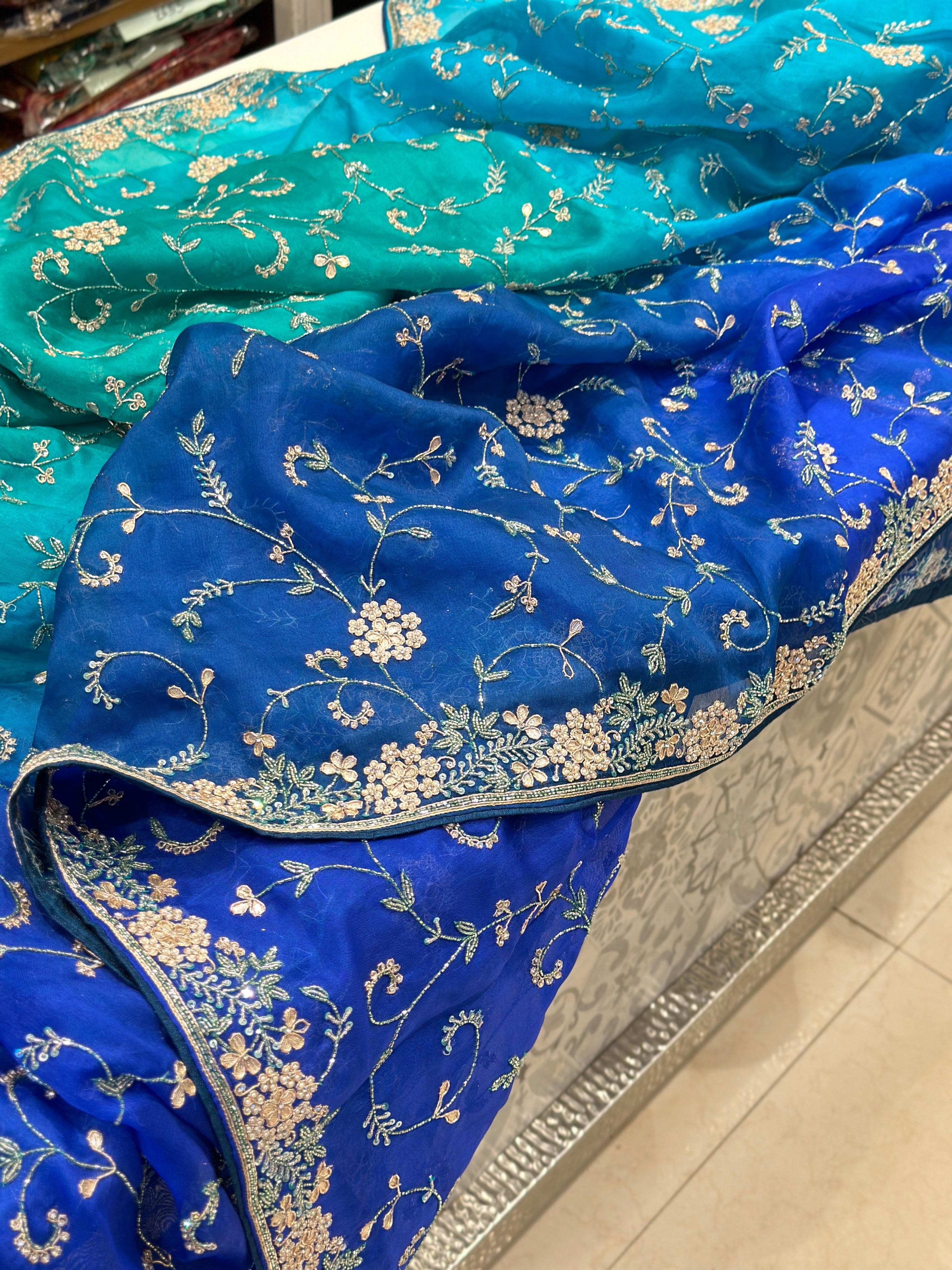 Blue Shaded Pure Organza Embroidery Saree