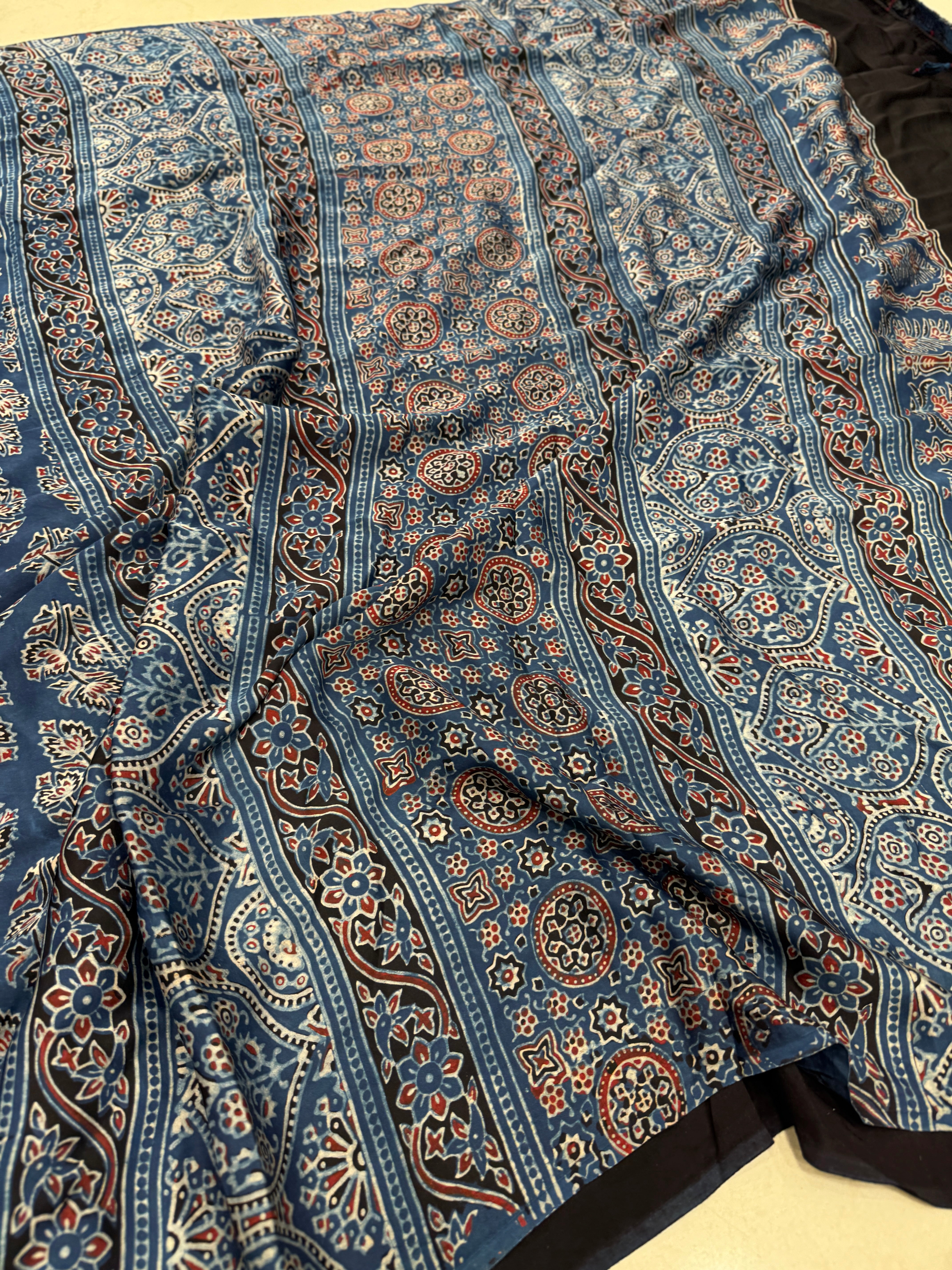 Blue Tree Butta Ajrakh Hand Block Print Pure Gajji Silk Saree