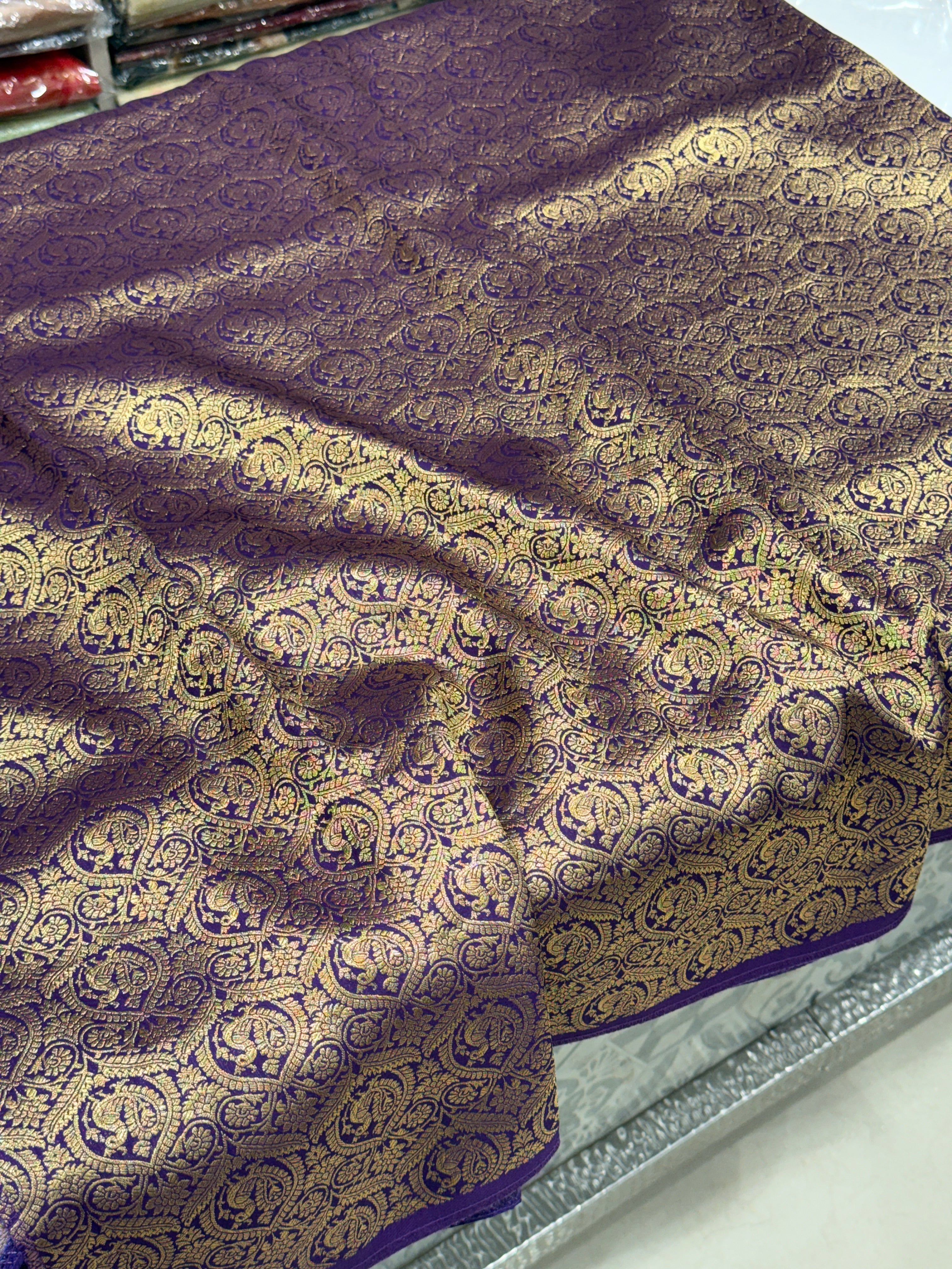 Violet Kalamkari Weave Banarasi Munga Pita Embroidery Saree