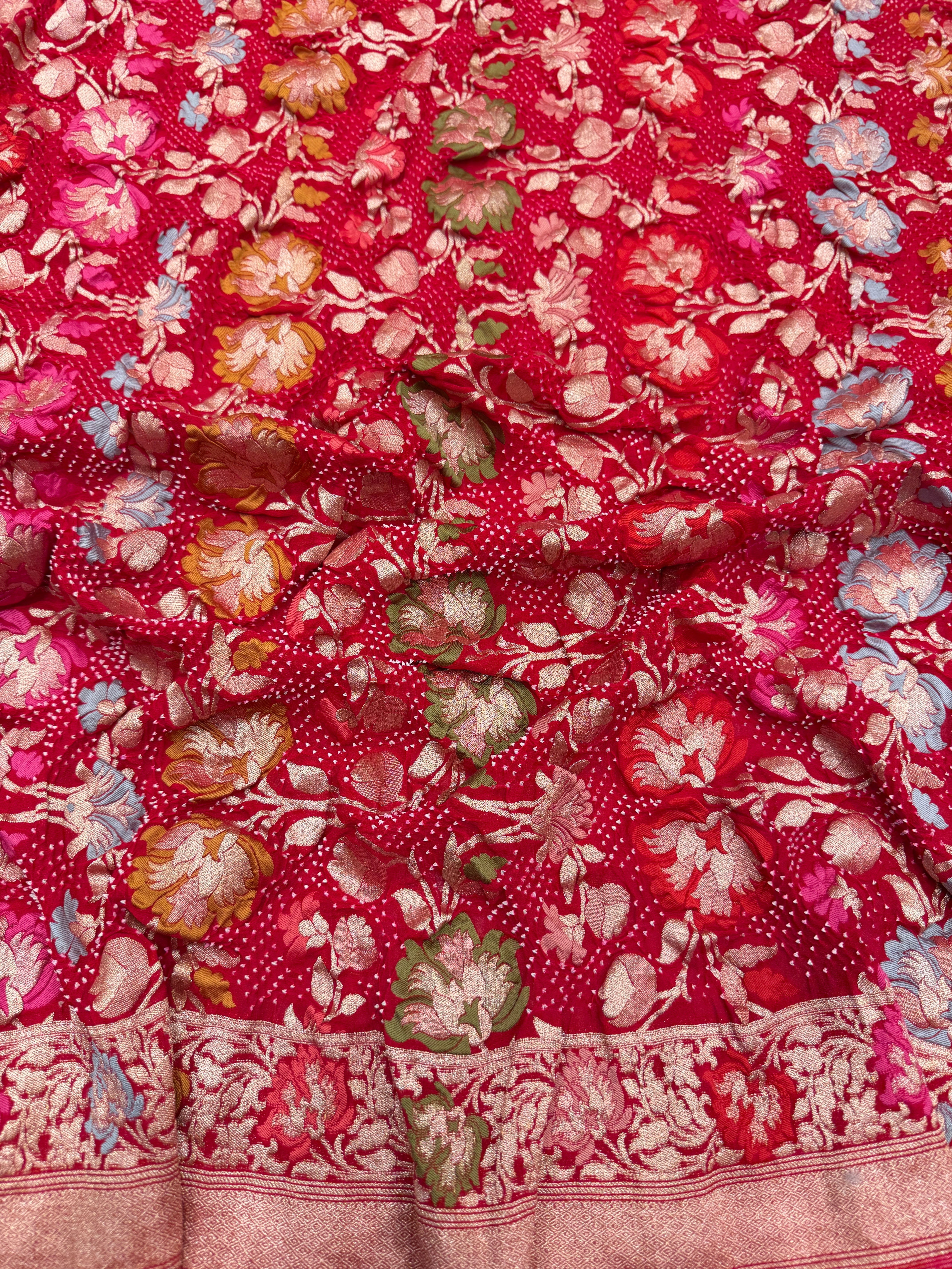 Red Jaal Handloom Meenakari Rai Bandhej Pure Zari Dupatta