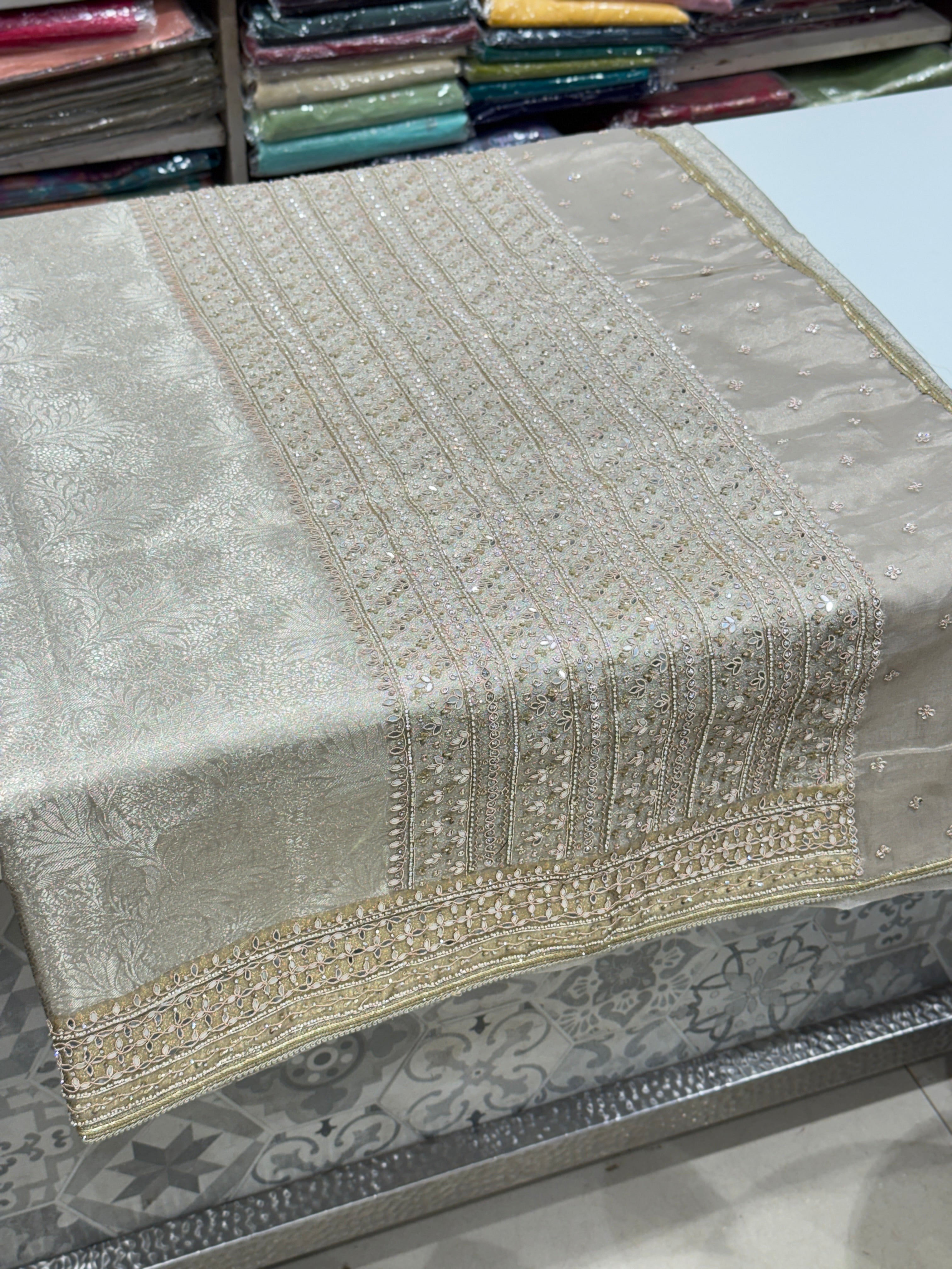 Silver Tissue Kanjivaram Hand Embroidery Saree
