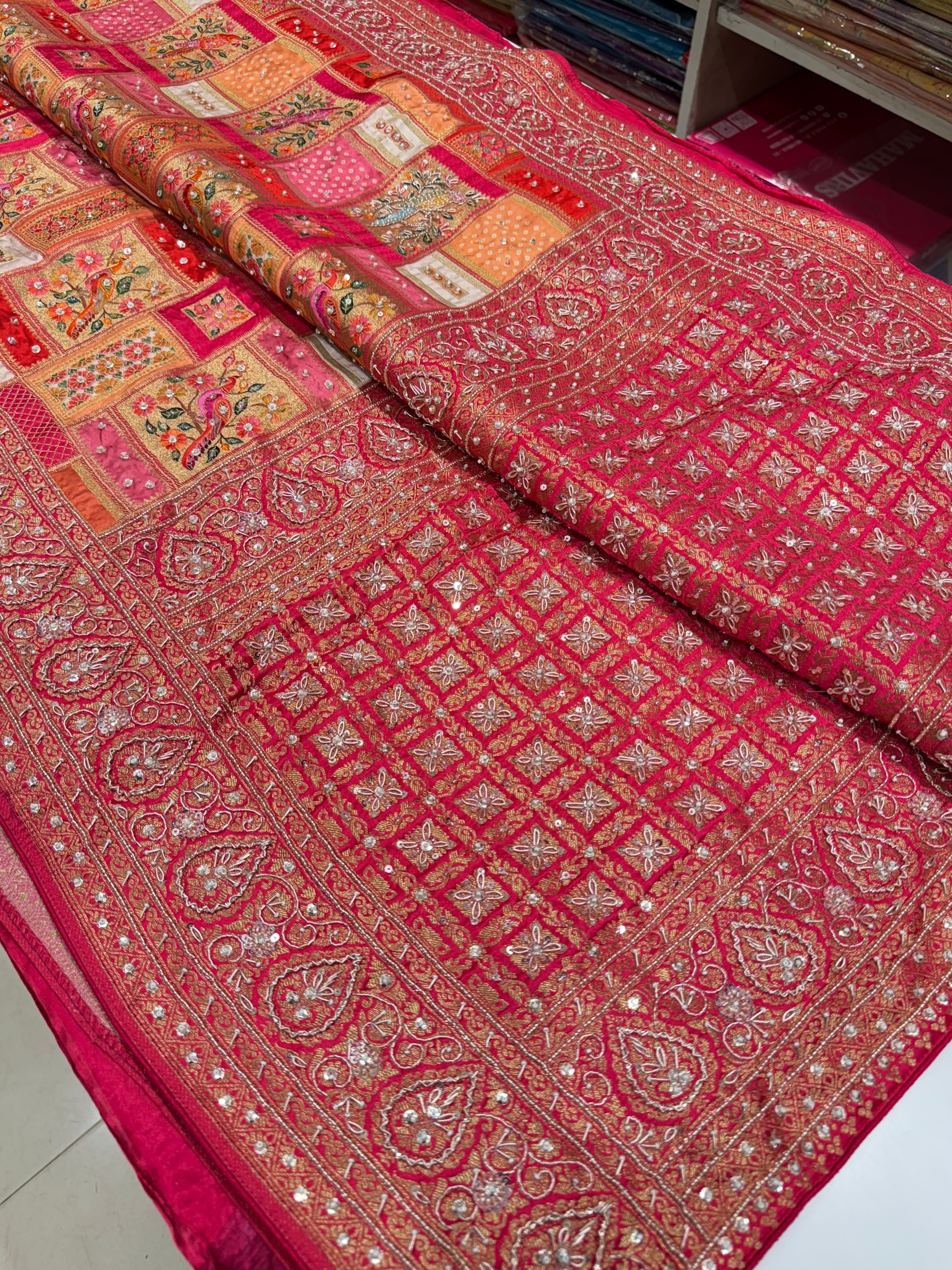 Banarasi Modal Rangkat Peacock Check Hand Embroidery Saree