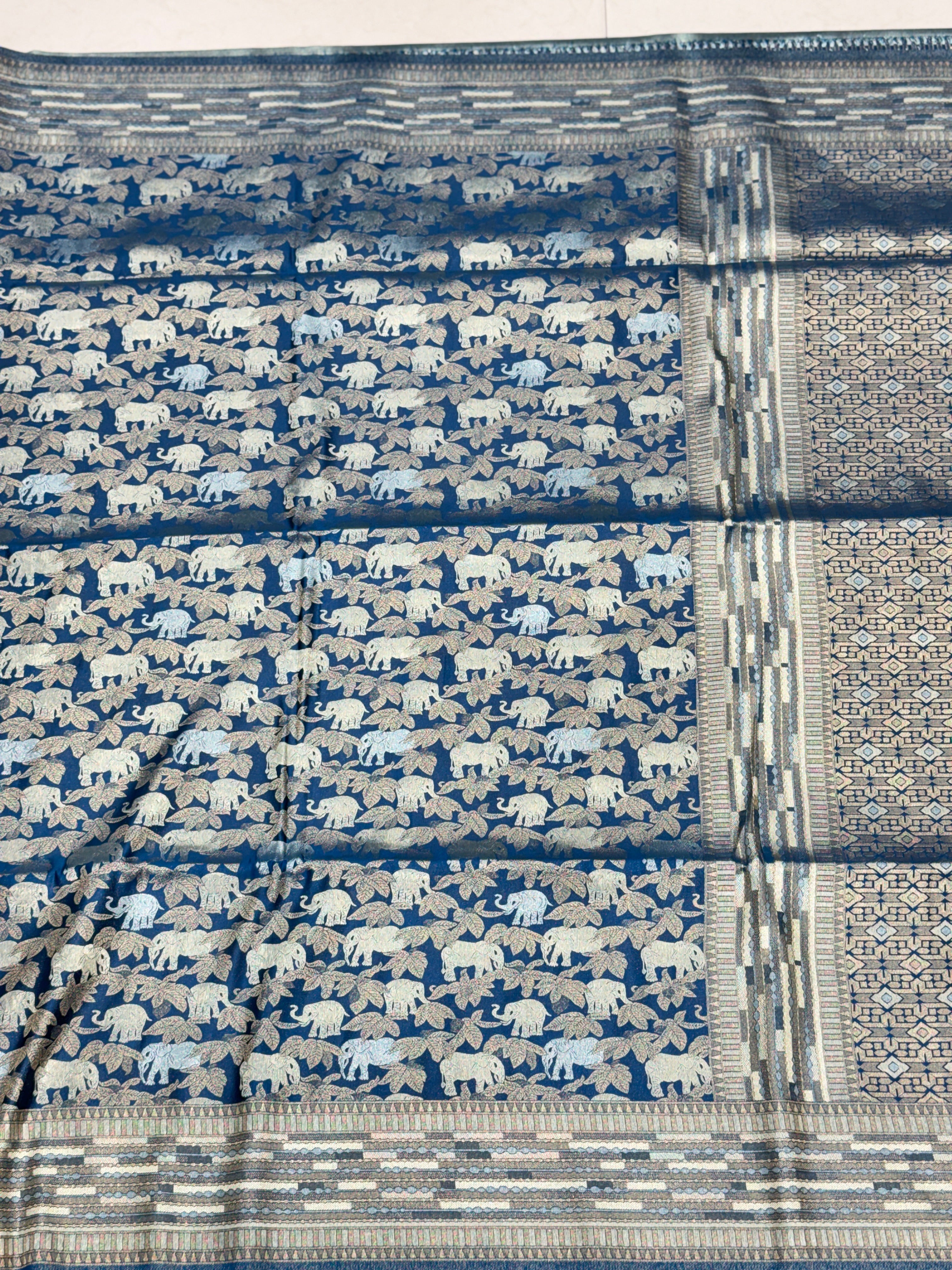 Petrol Blue Banarasi Soft Silk Semi Elephant Motif Saree