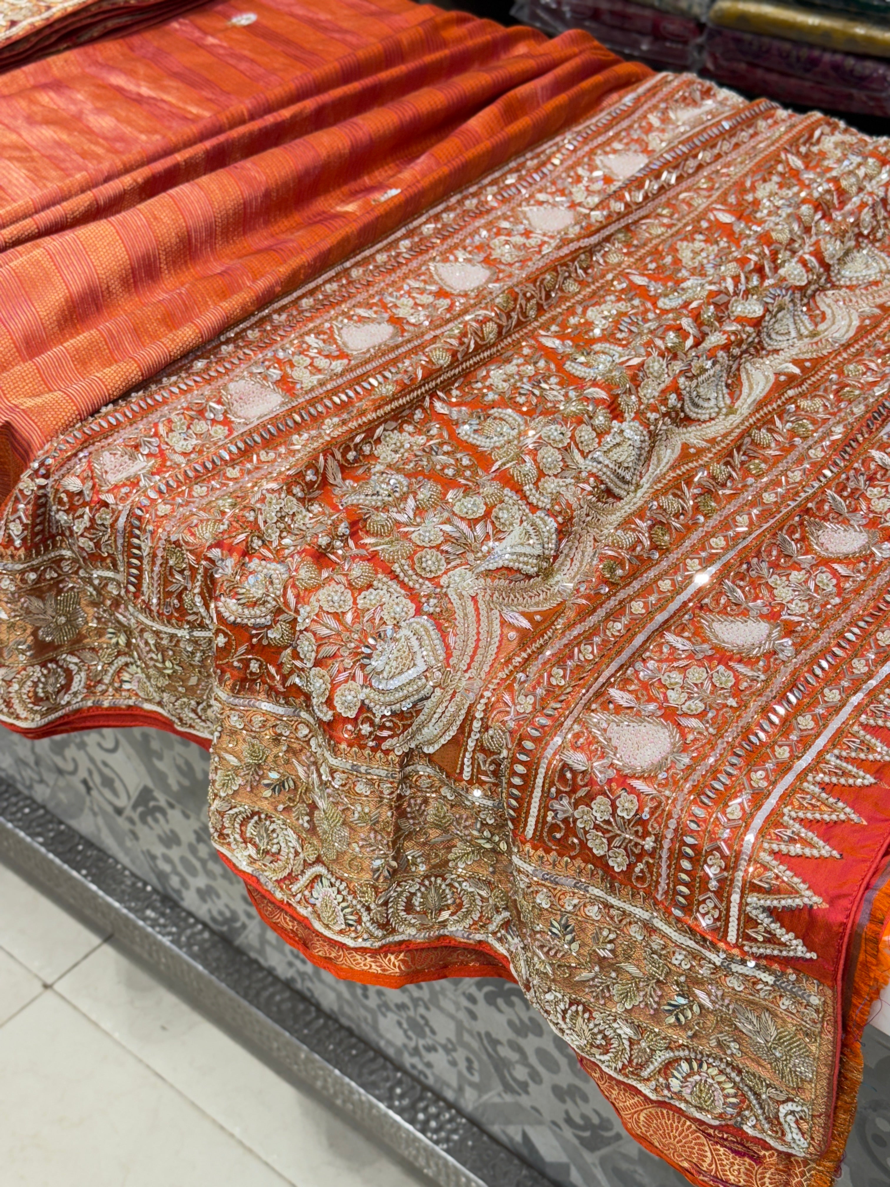 Orange Contemporary Pure Silk Kanjivaram Hand Embroidered Saree