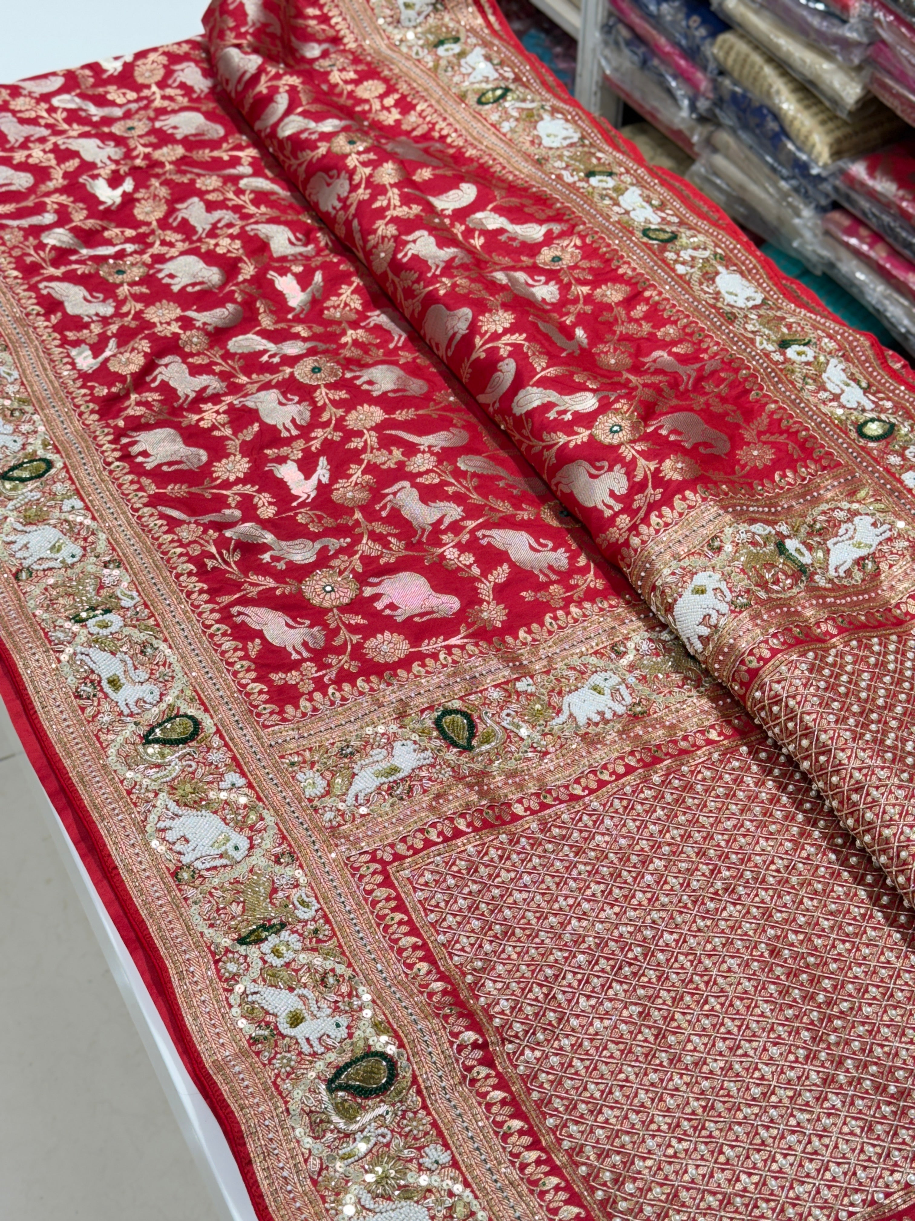 Red Banarasi Shikara Moti Embroidery