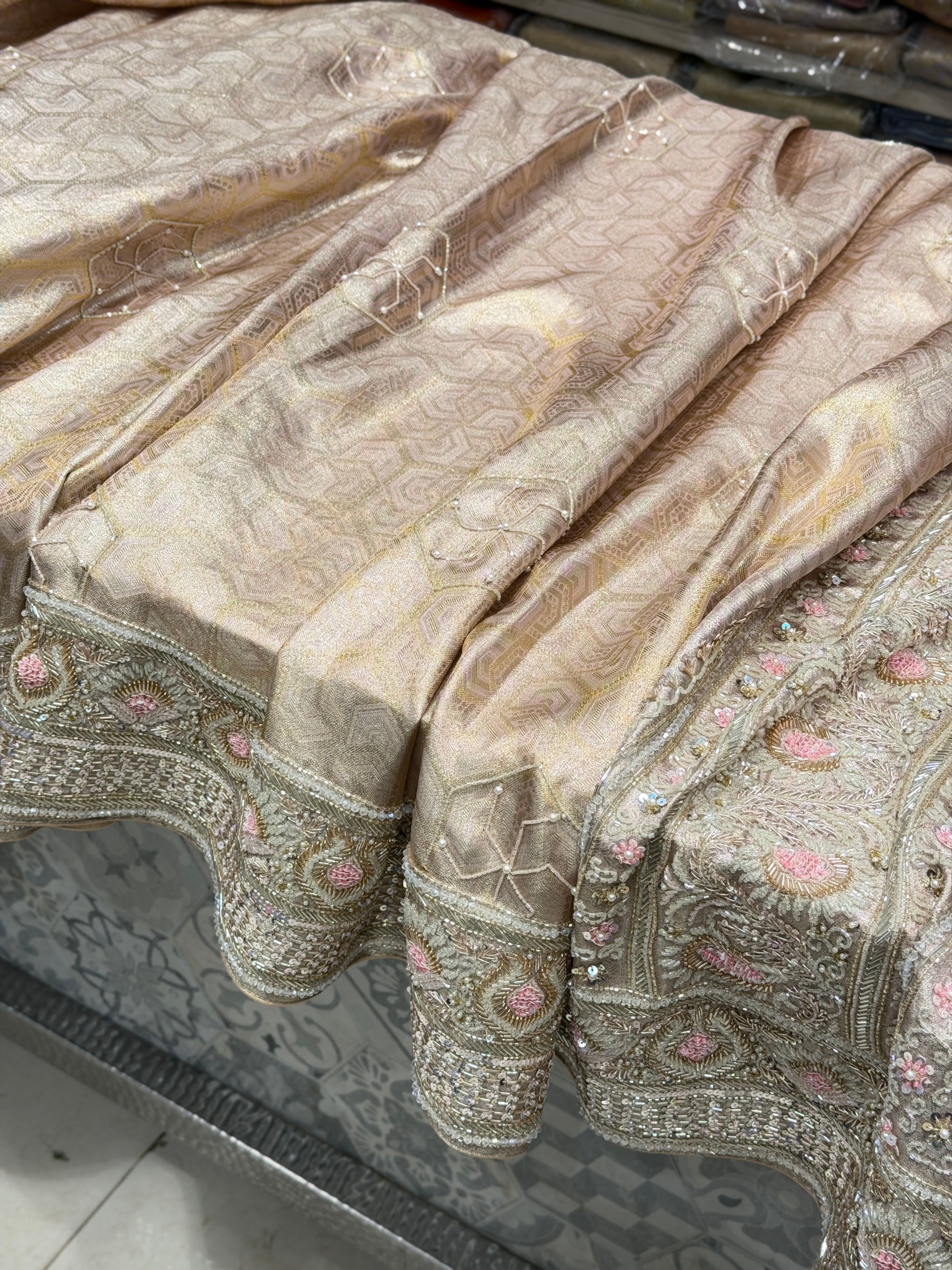 Nude Pink Silver Kanjivaram Three Zari Hand Embroidery Zardosi Moti Sequin Saree
