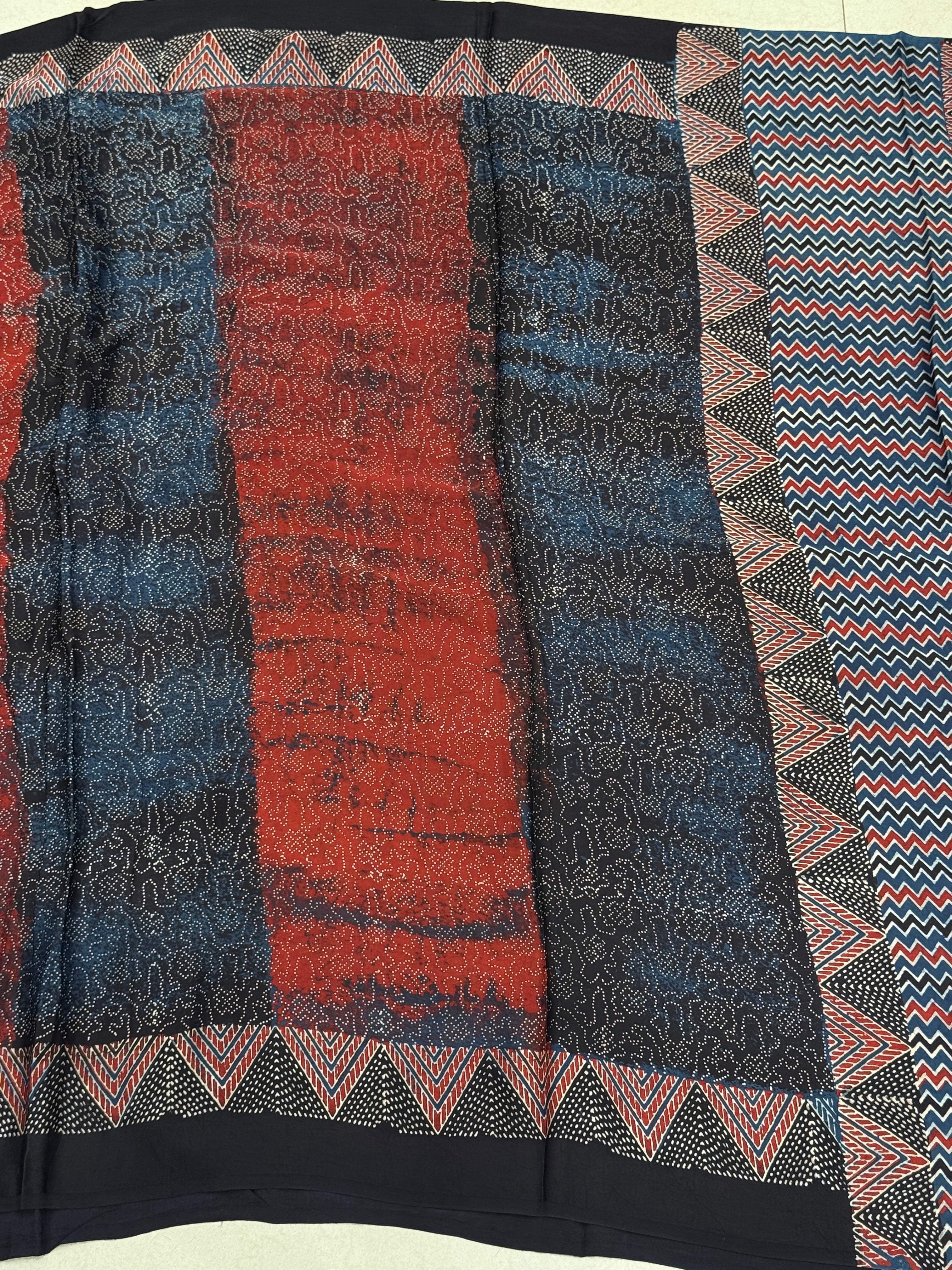 Red Contemporary Bandhej Style Hand Block Print Ajrkah Pure Gajji Silk Saree