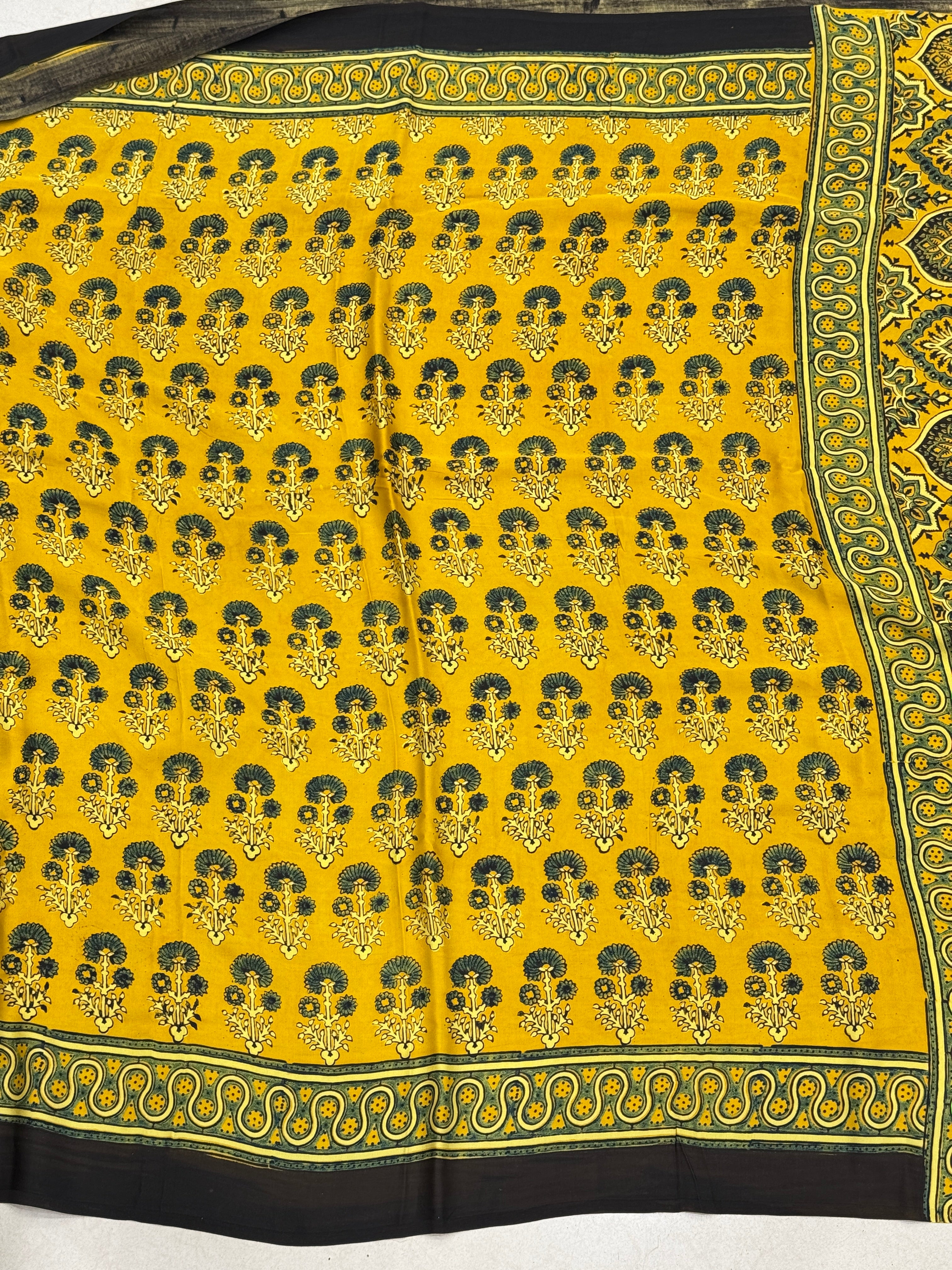 Yellow Floral Buttas Ajrakh Saree Modal Gajji Silk Hand Block Print