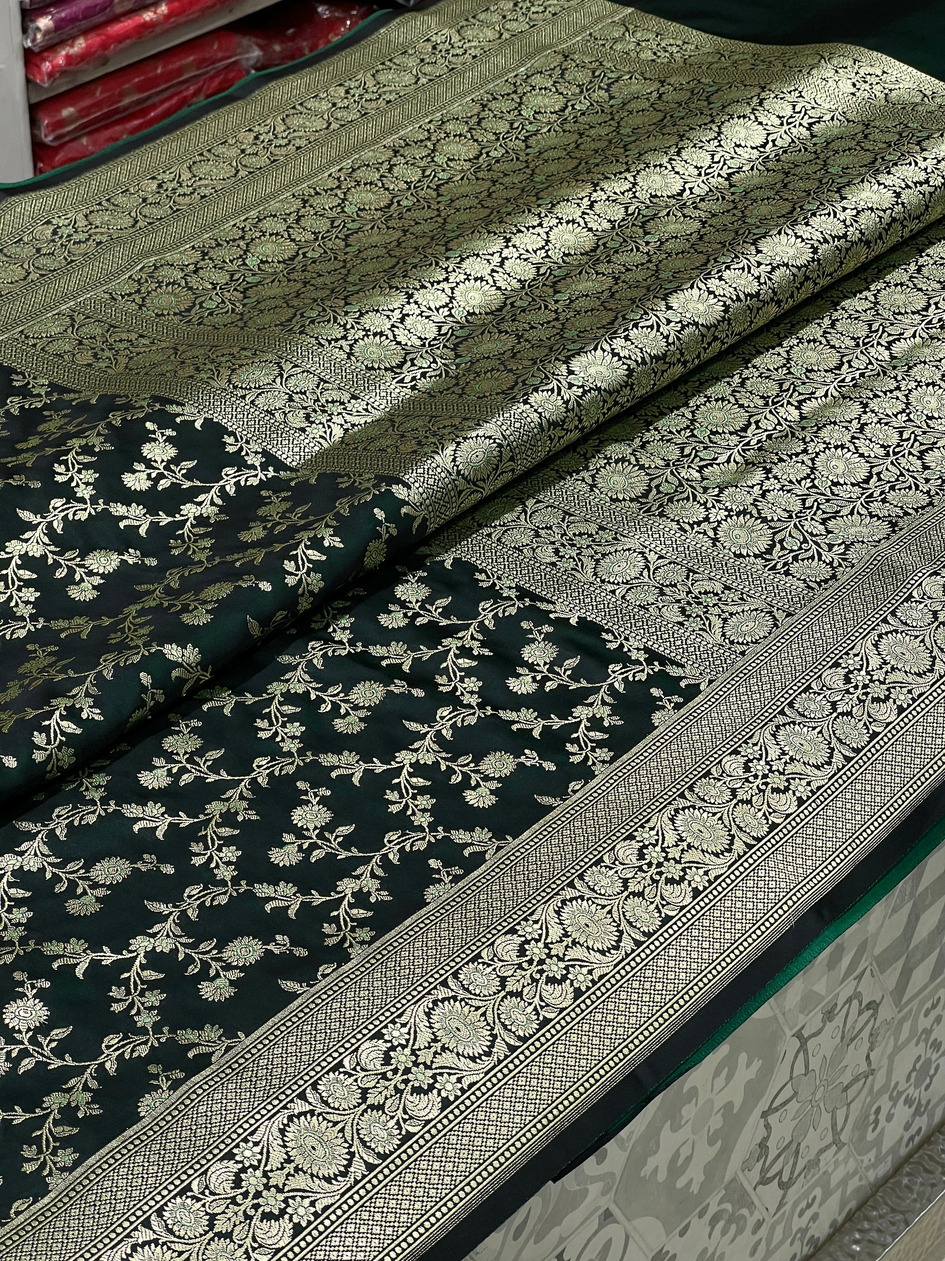 Bottle Green Banarasi Silk Flower Jaal