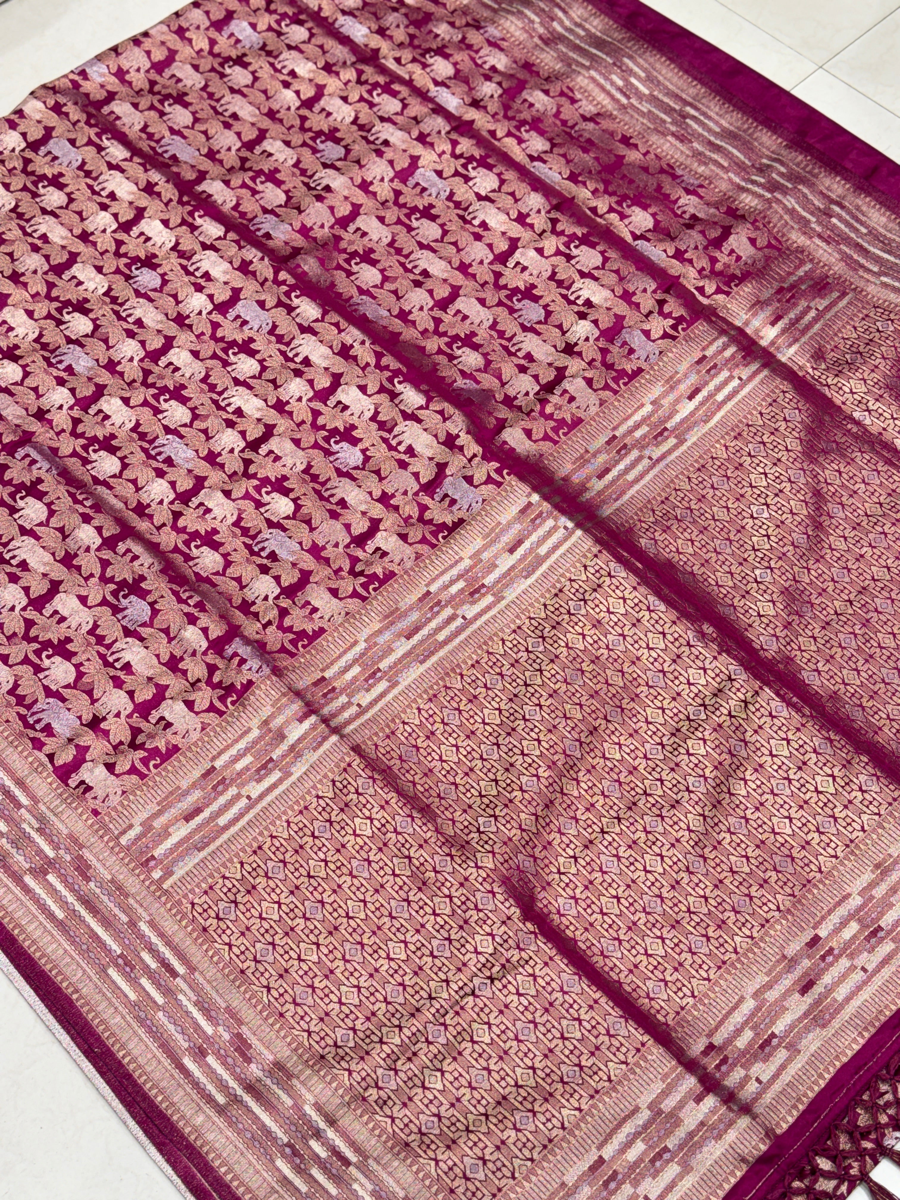 Wine Banarasi Soft Silk Semi Elephant Motif Saree